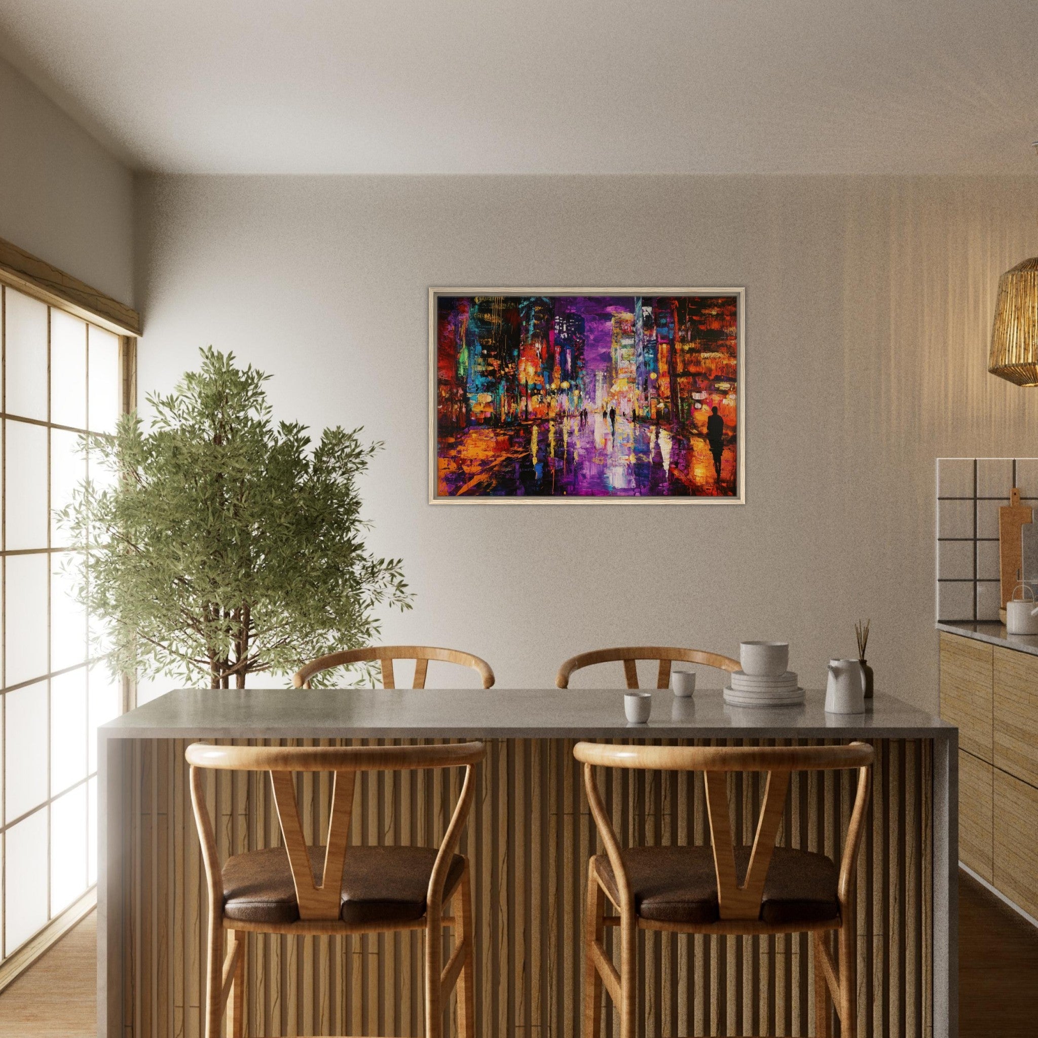 Framed Canvas Landscape - A cityscape bathed in the dim glow of streetligh - Shop Ai Art WebShop - Digital Art online Store