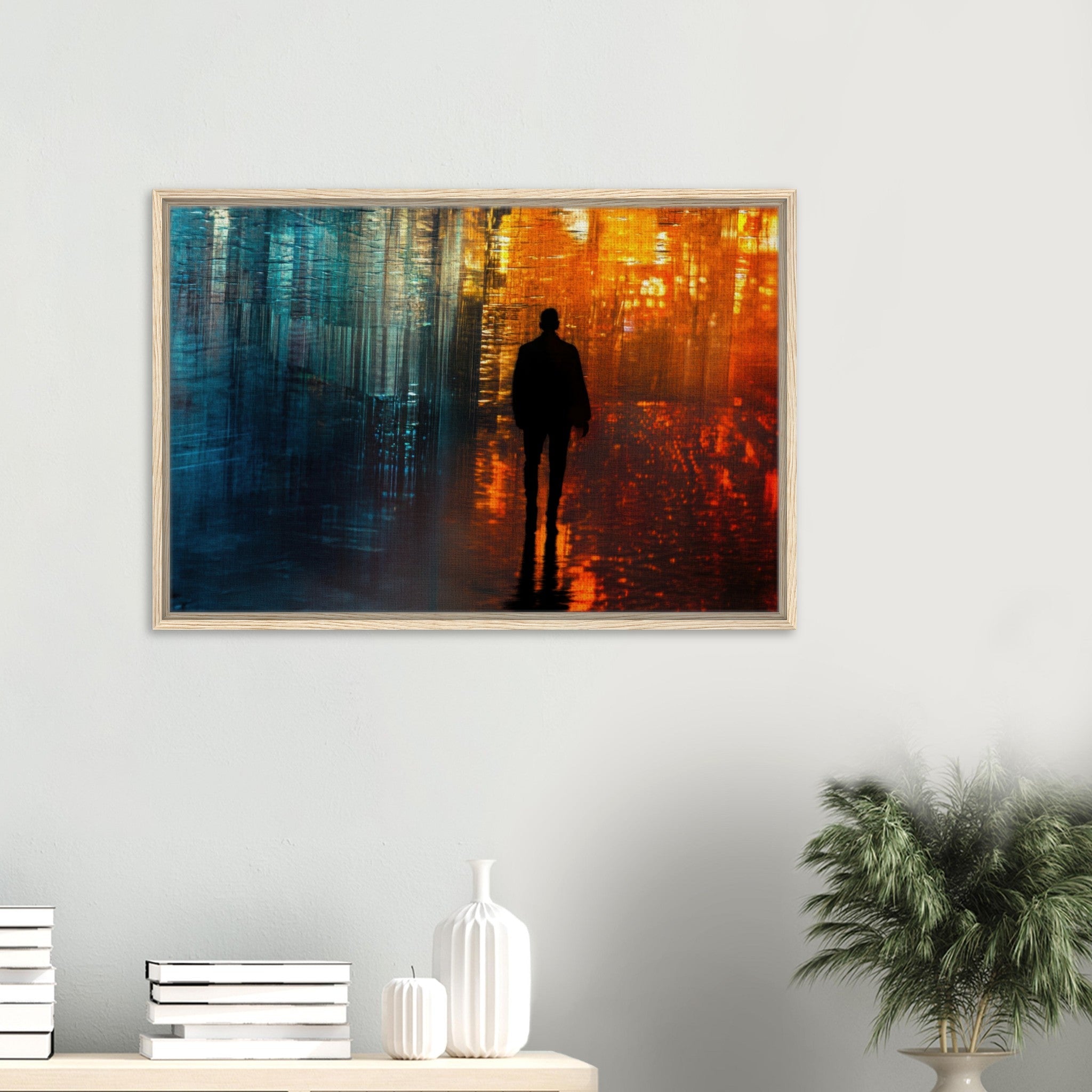 Framed Canvas Landscape - A lonely figure walks the rain - drenched streets - Shop Ai Art WebShop - Digital Art online Store