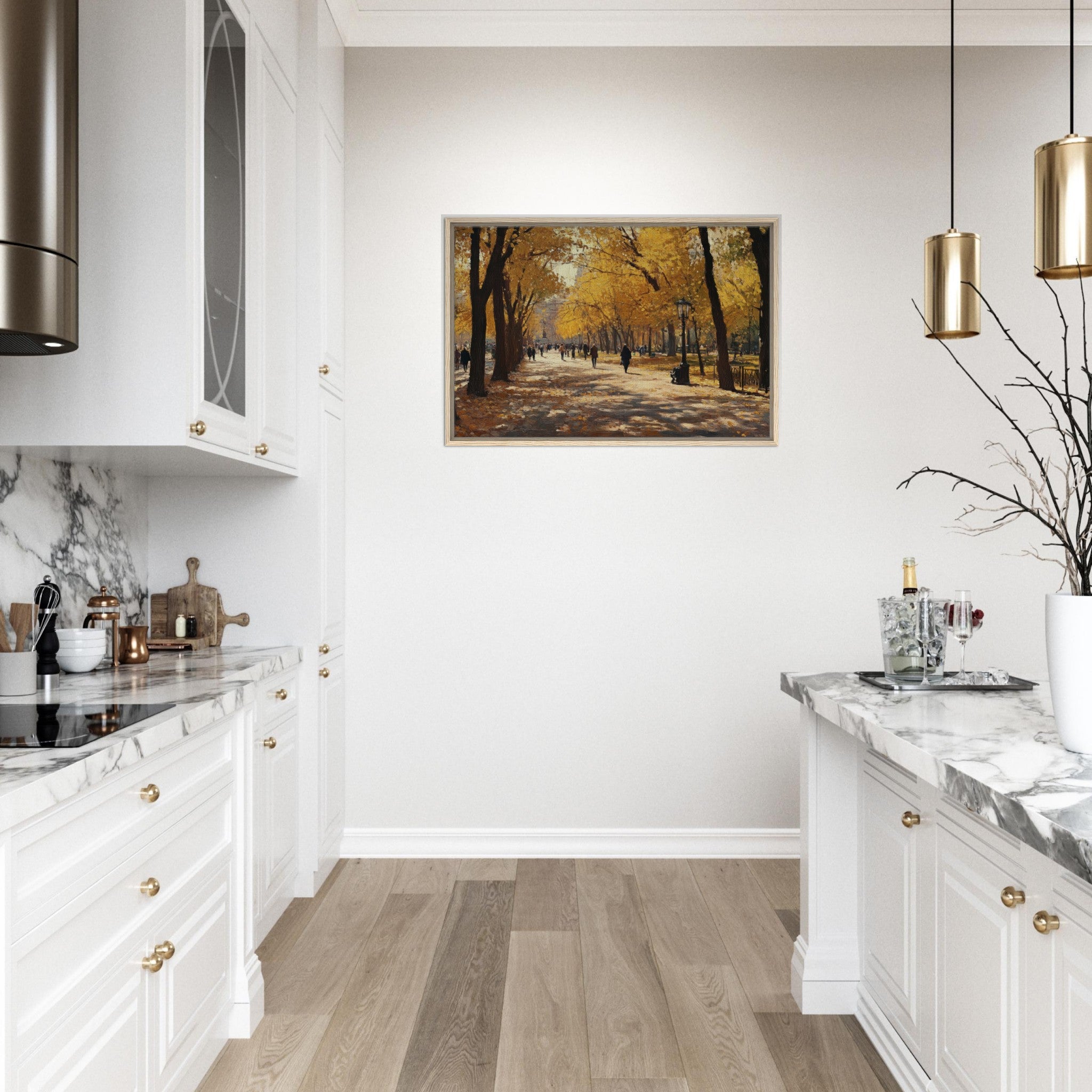 Framed Canvas Landscape - Autumn Park with Strolling Figures A vast park - Shop Ai Art WebShop - Digital Art online Store