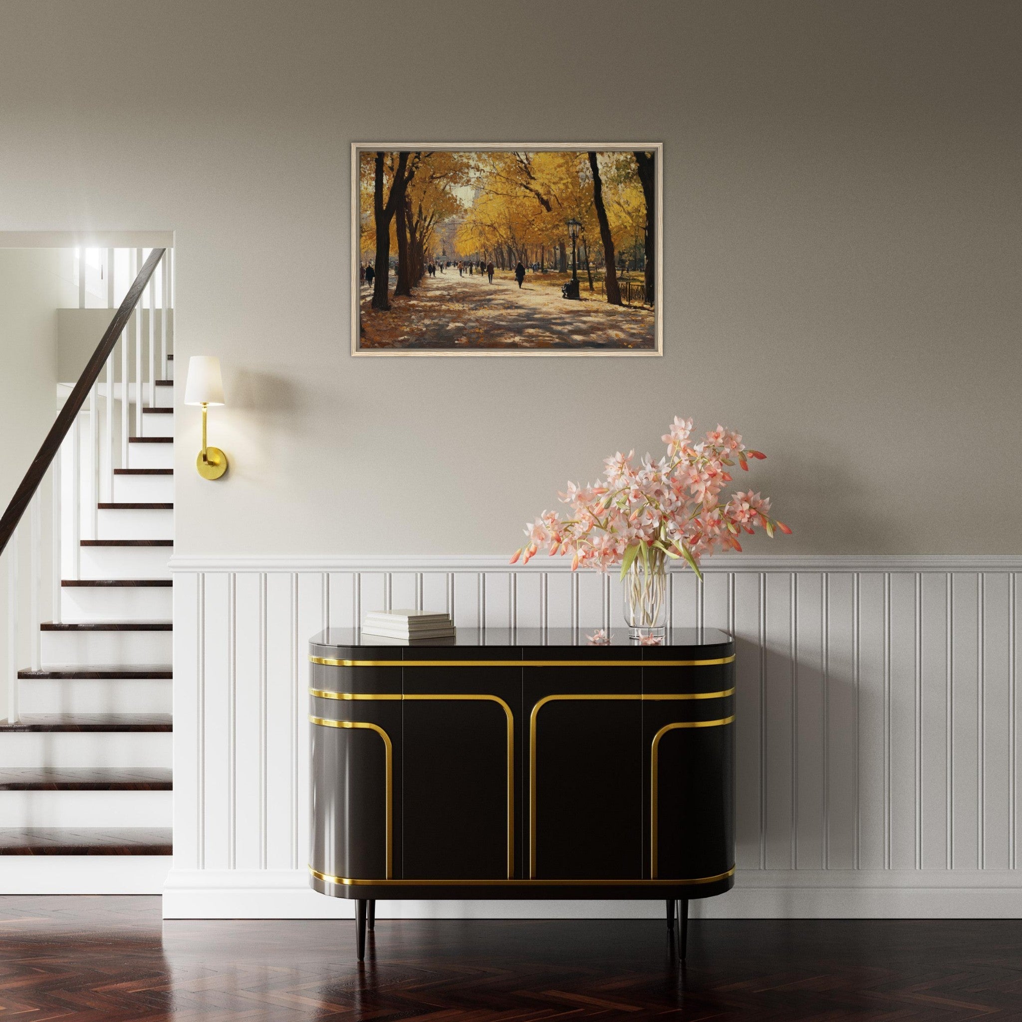 Framed Canvas Landscape - Autumn Park with Strolling Figures A vast park - Shop Ai Art WebShop - Digital Art online Store
