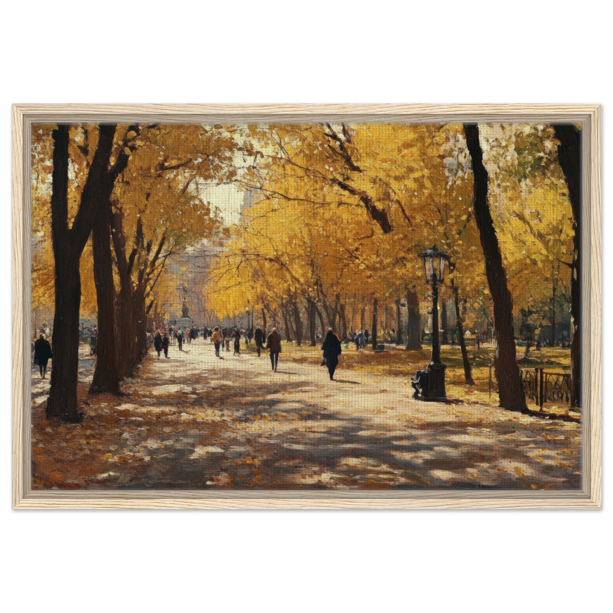 Framed Canvas Landscape - Autumn Park with Strolling Figures A vast park - Shop Ai Art WebShop - Digital Art online Store