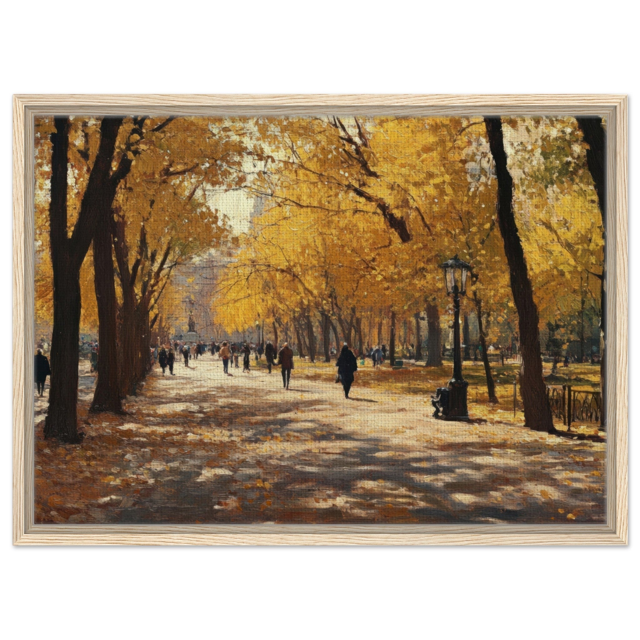 Framed Canvas Landscape - Autumn Park with Strolling Figures A vast park - Shop Ai Art WebShop - Digital Art online Store