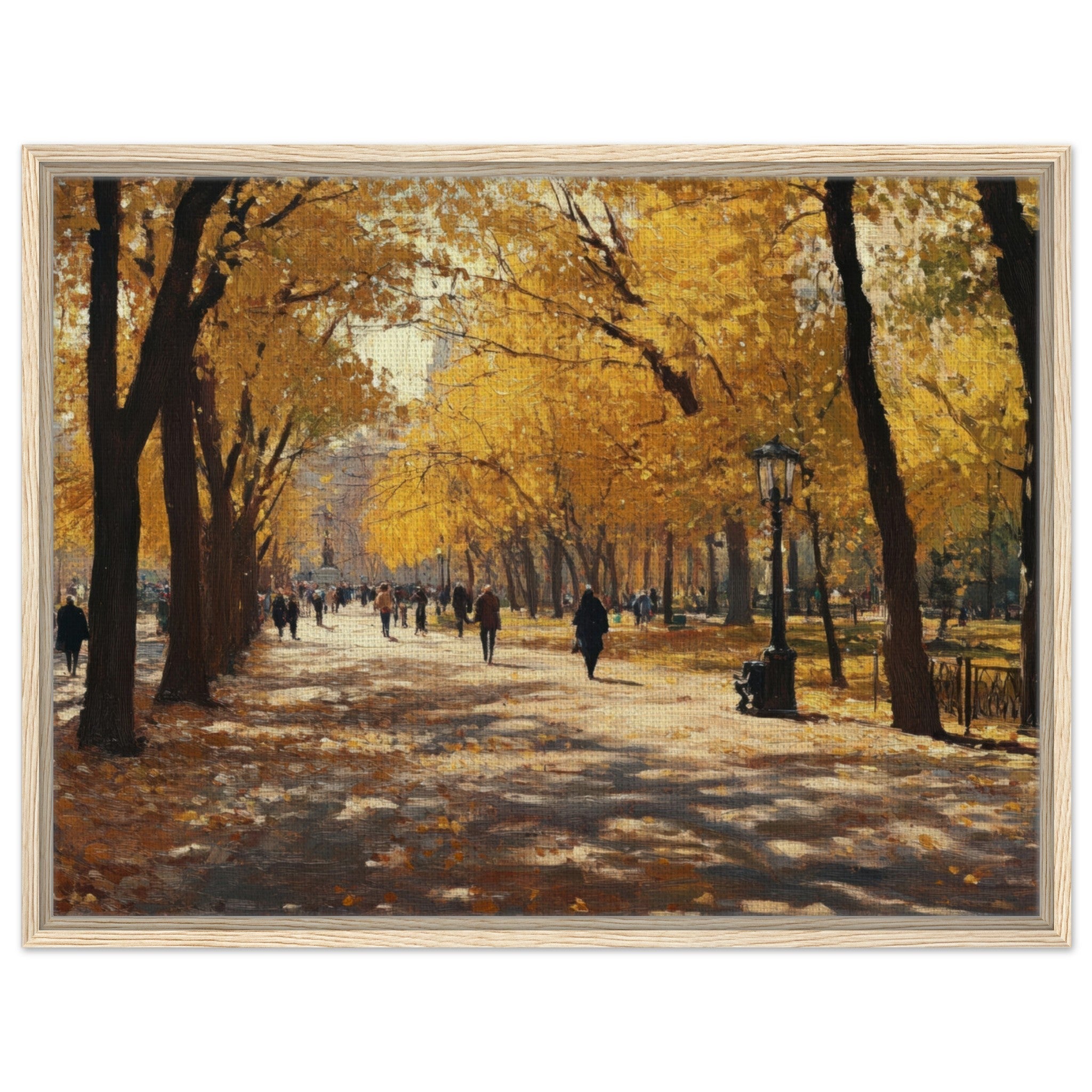 Framed Canvas Landscape - Autumn Park with Strolling Figures A vast park - Shop Ai Art WebShop - Digital Art online Store