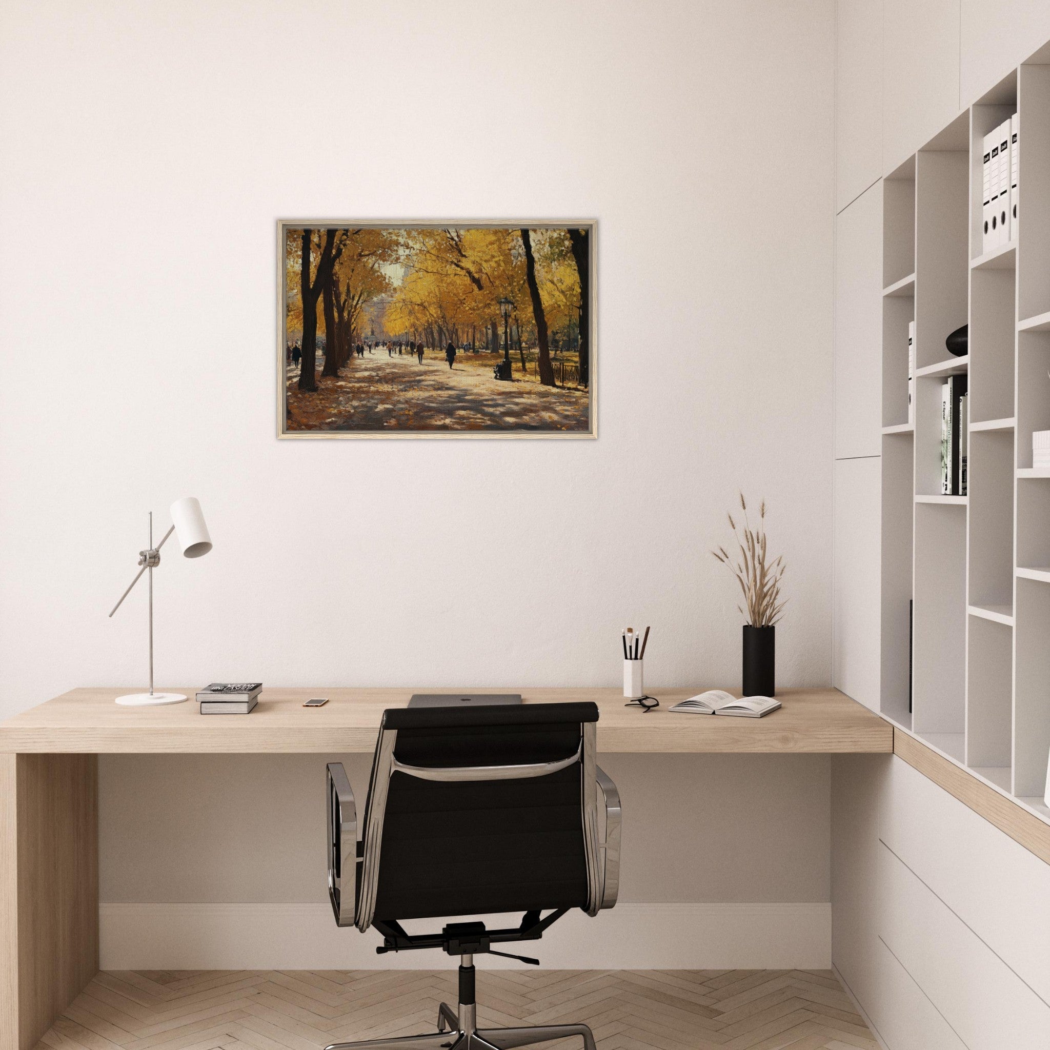 Framed Canvas Landscape - Autumn Park with Strolling Figures A vast park - Shop Ai Art WebShop - Digital Art online Store