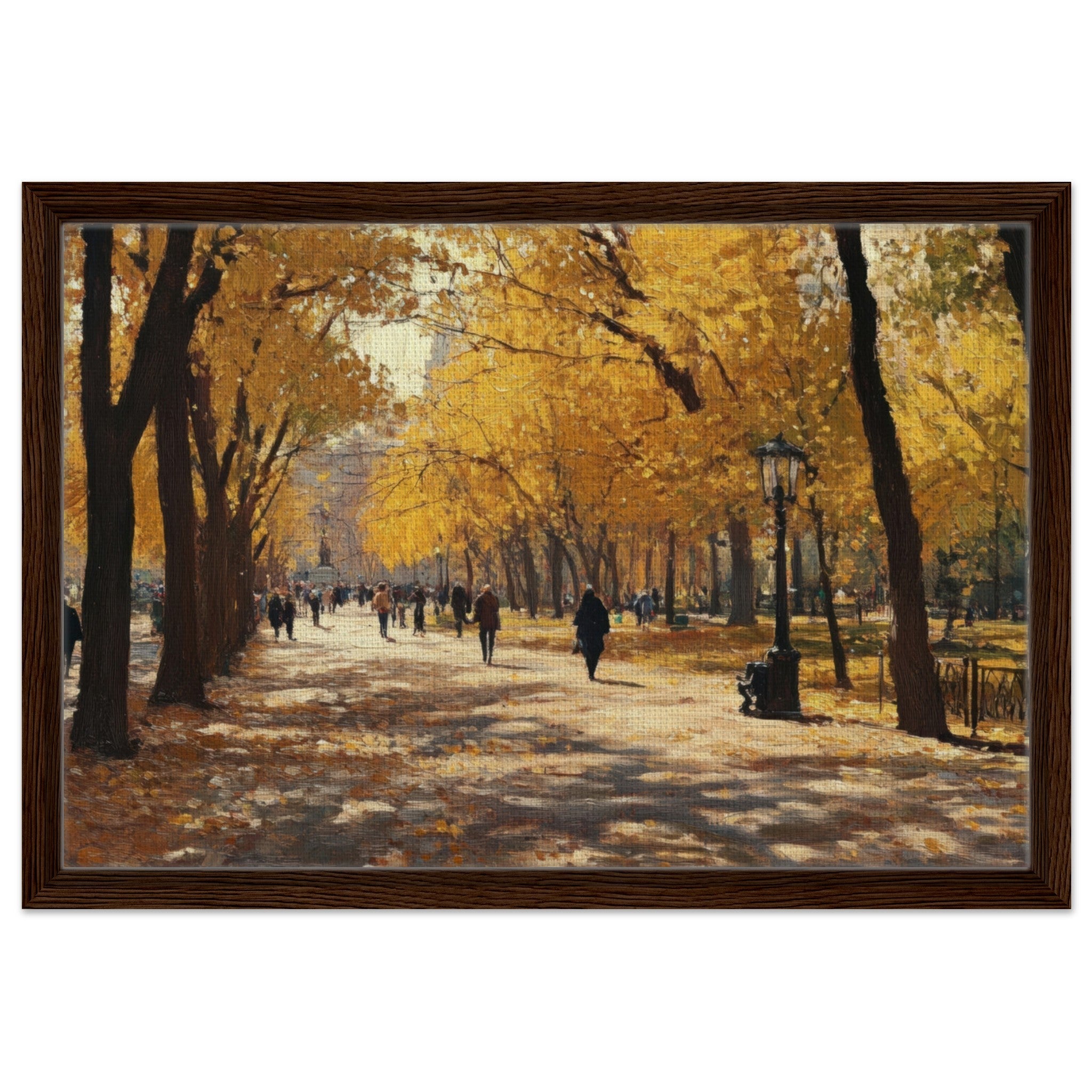 Framed Canvas Landscape - Autumn Park with Strolling Figures A vast park - Shop Ai Art WebShop - Digital Art online Store