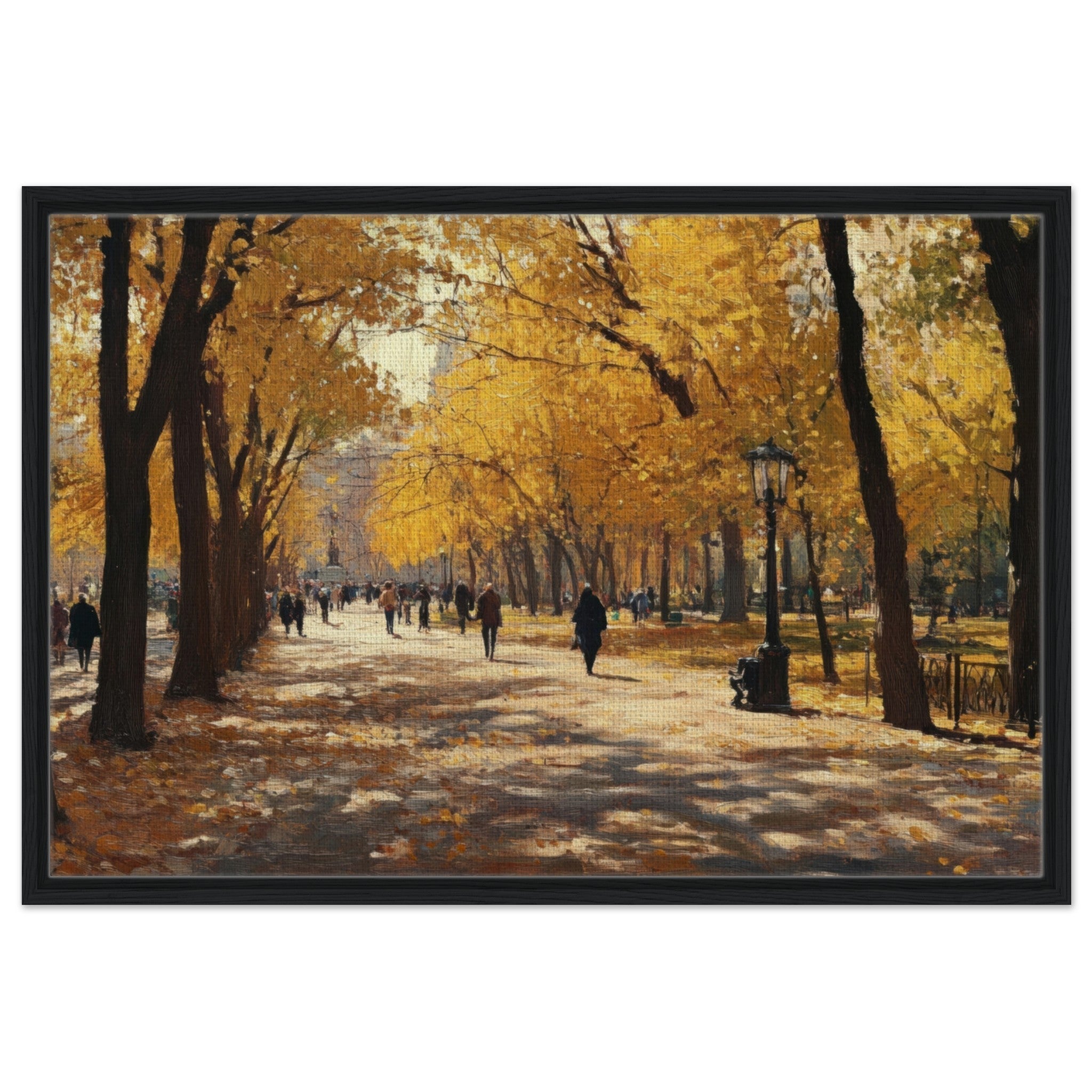 Framed Canvas Landscape - Autumn Park with Strolling Figures A vast park - Shop Ai Art WebShop - Digital Art online Store