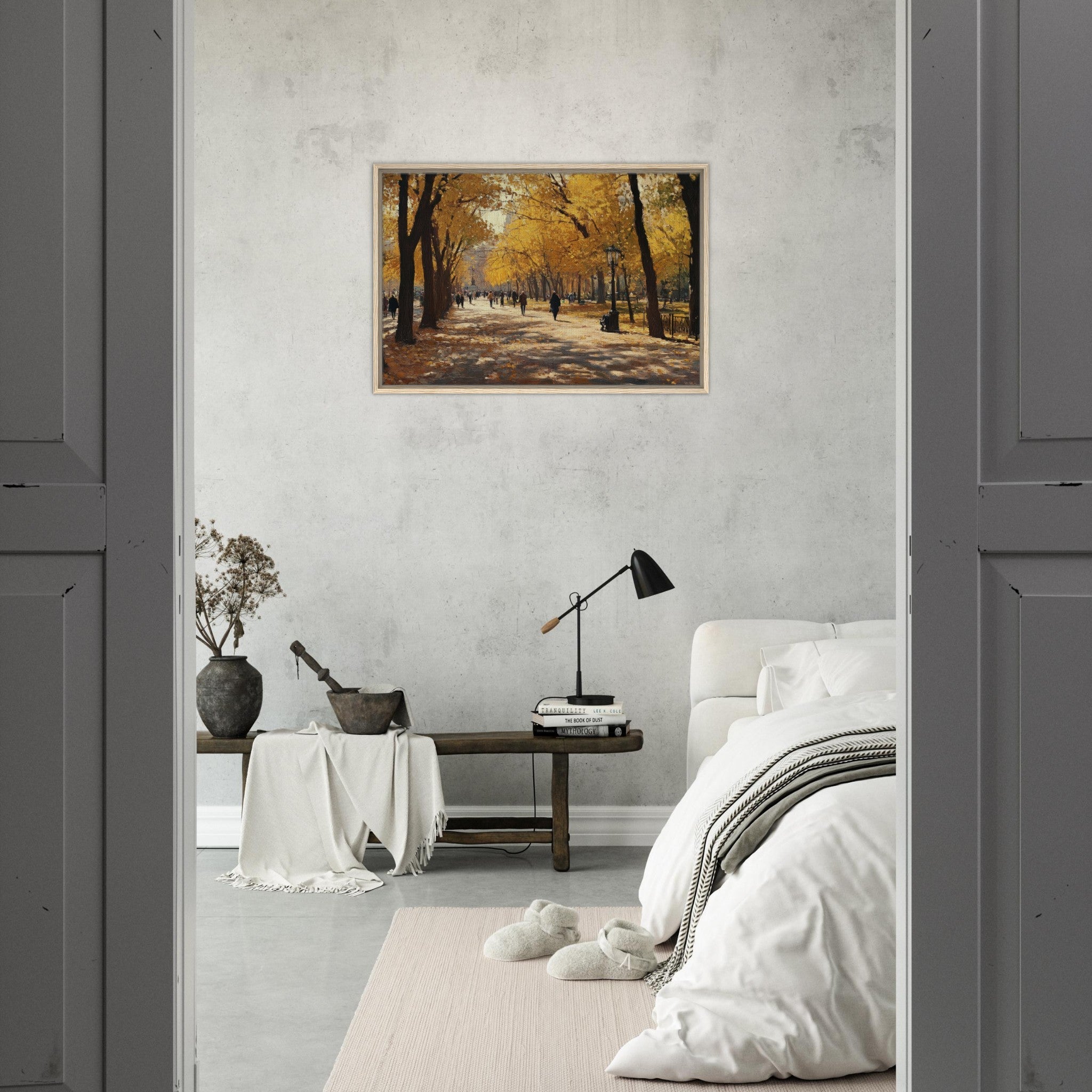 Framed Canvas Landscape - Autumn Park with Strolling Figures A vast park - Shop Ai Art WebShop - Digital Art online Store
