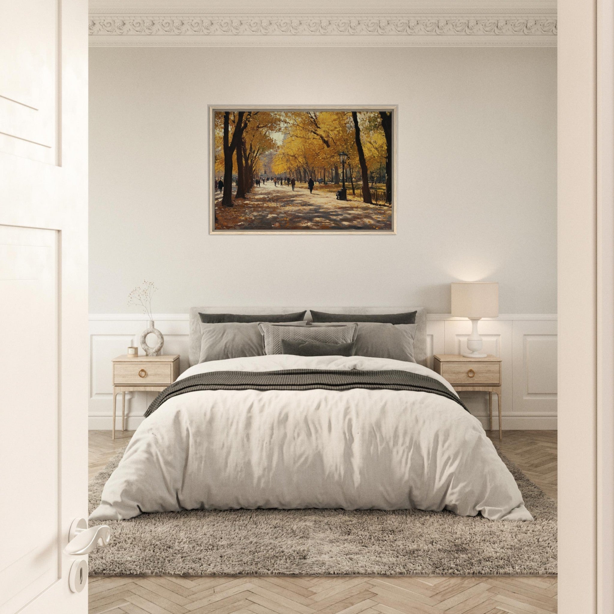 Framed Canvas Landscape - Autumn Park with Strolling Figures A vast park - Shop Ai Art WebShop - Digital Art online Store