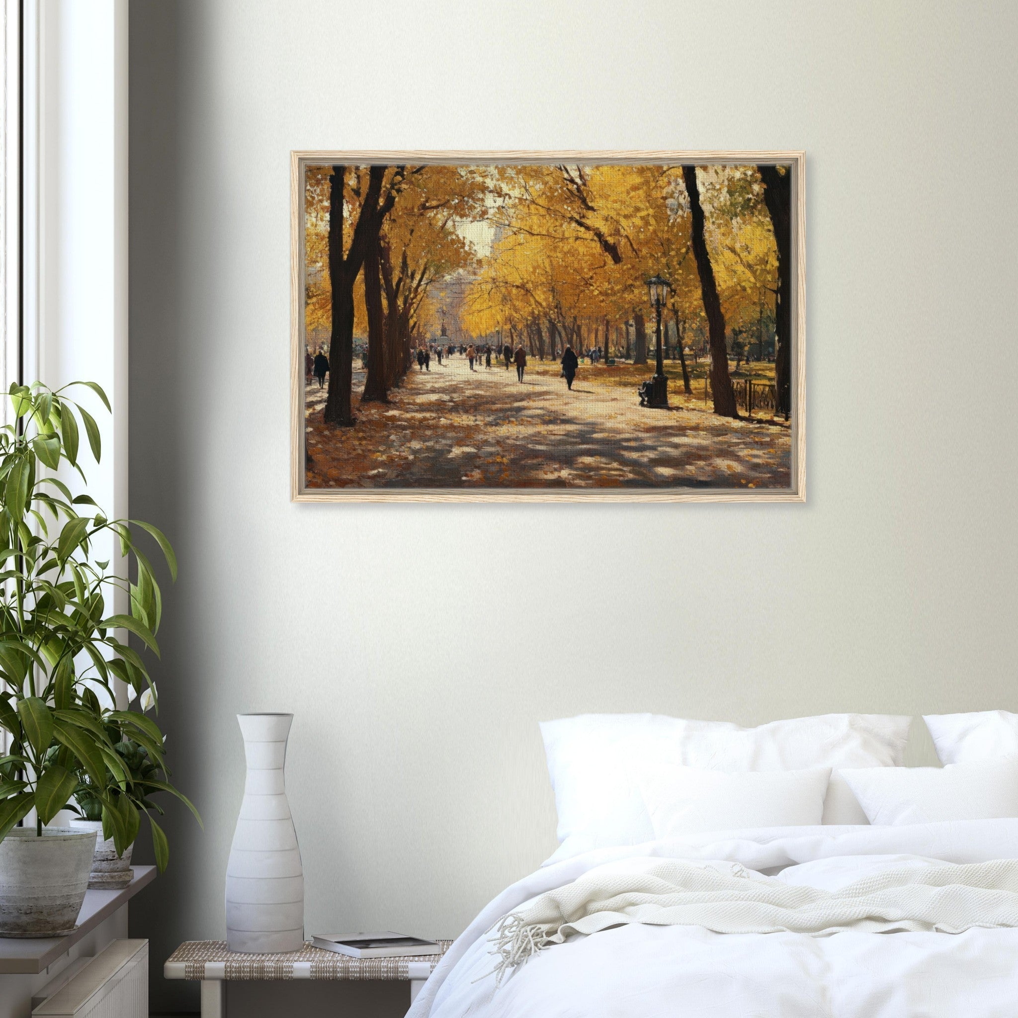 Framed Canvas Landscape - Autumn Park with Strolling Figures A vast park - Shop Ai Art WebShop - Digital Art online Store