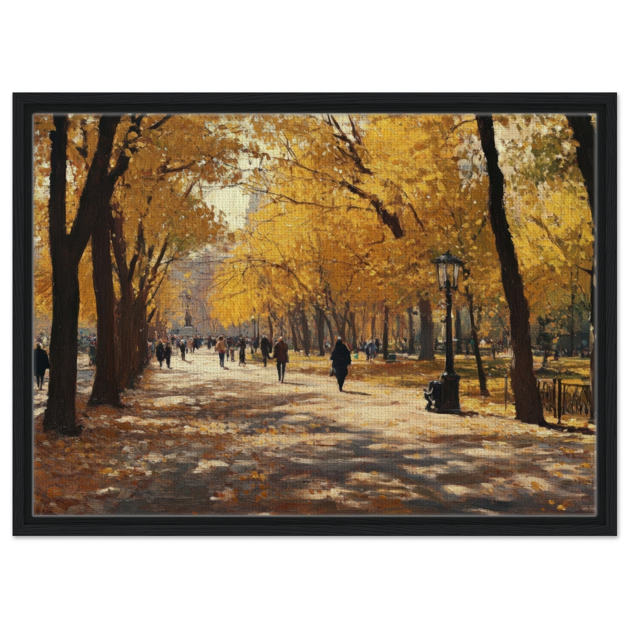 Framed Canvas Landscape - Autumn Park with Strolling Figures A vast park - Shop Ai Art WebShop - Digital Art online Store