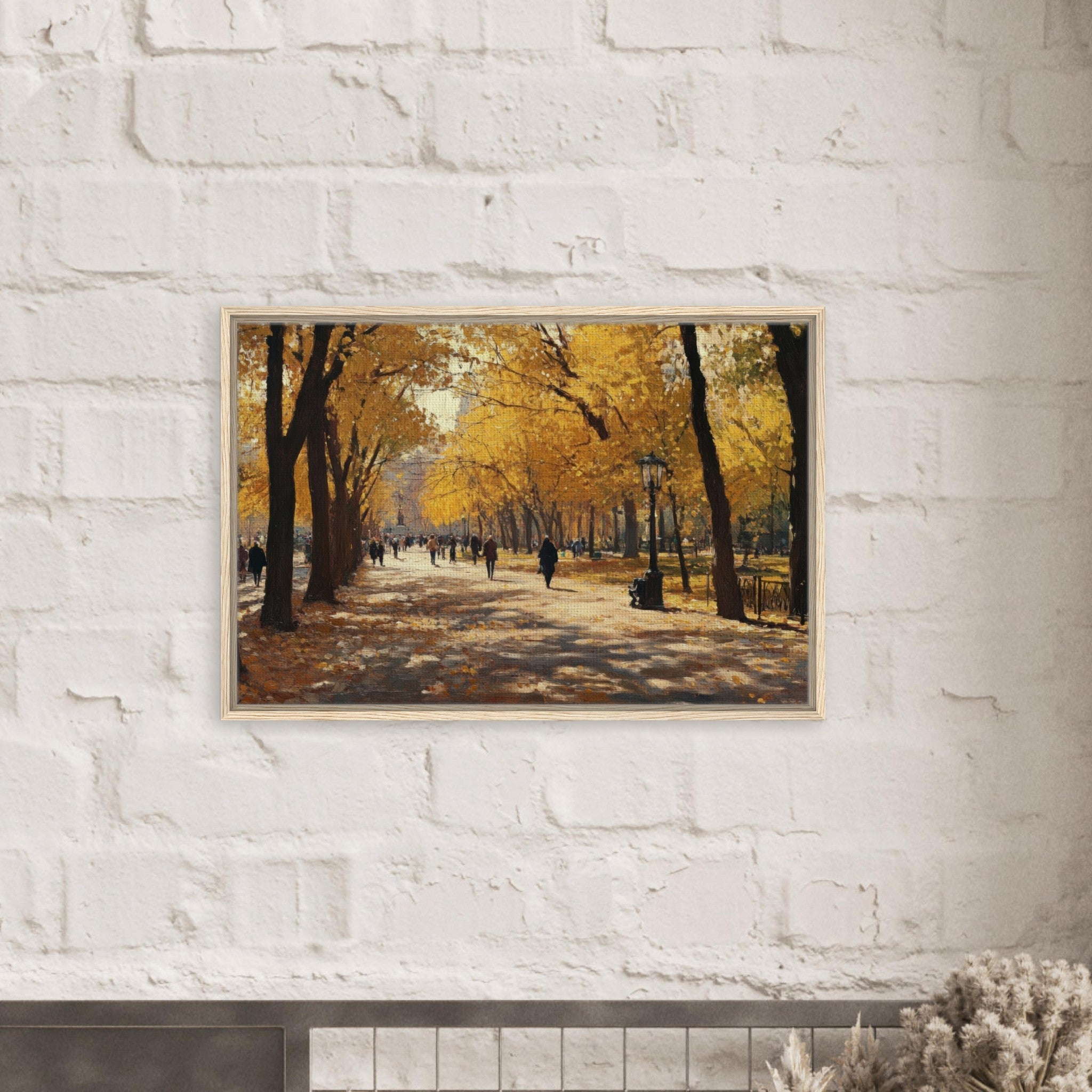 Framed Canvas Landscape - Autumn Park with Strolling Figures A vast park - Shop Ai Art WebShop - Digital Art online Store