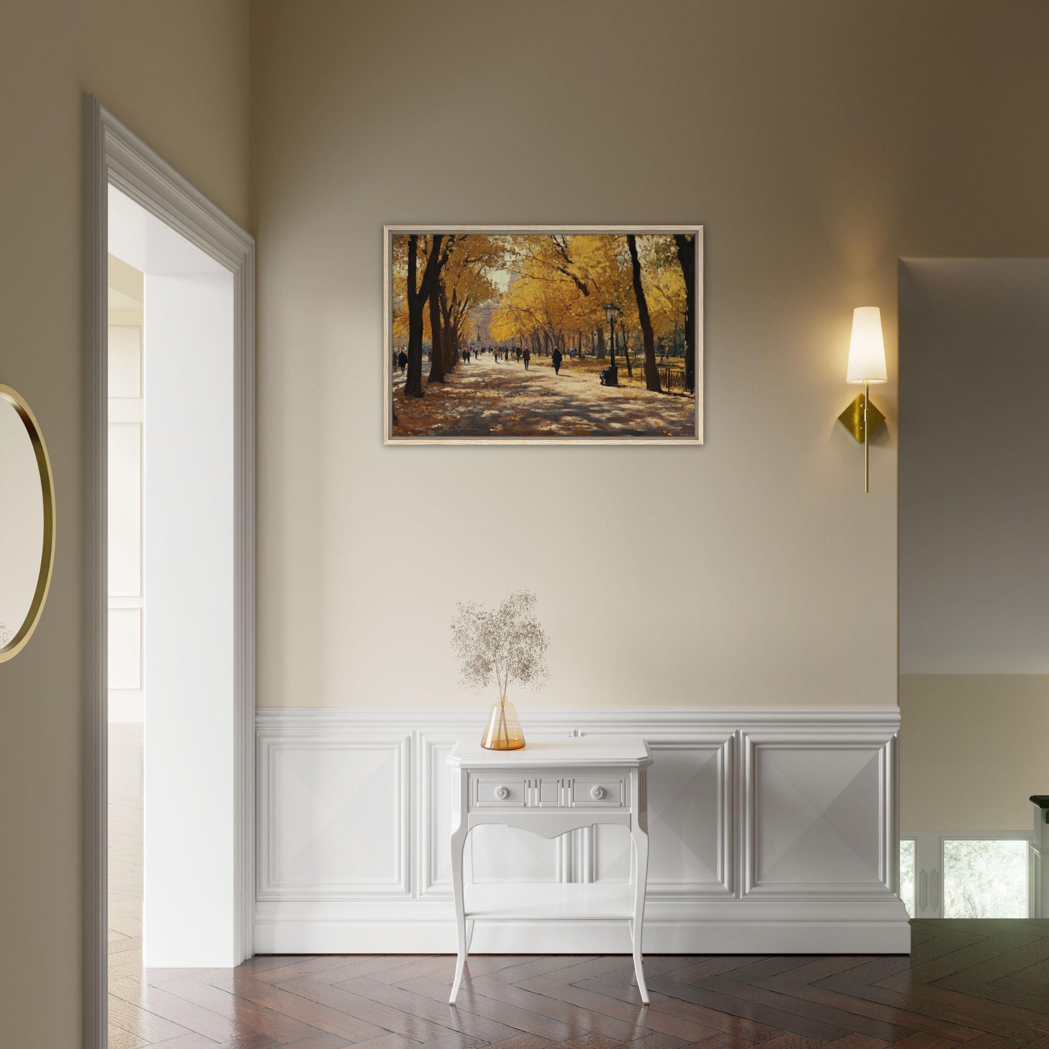 Framed Canvas Landscape - Autumn Park with Strolling Figures A vast park - Shop Ai Art WebShop - Digital Art online Store