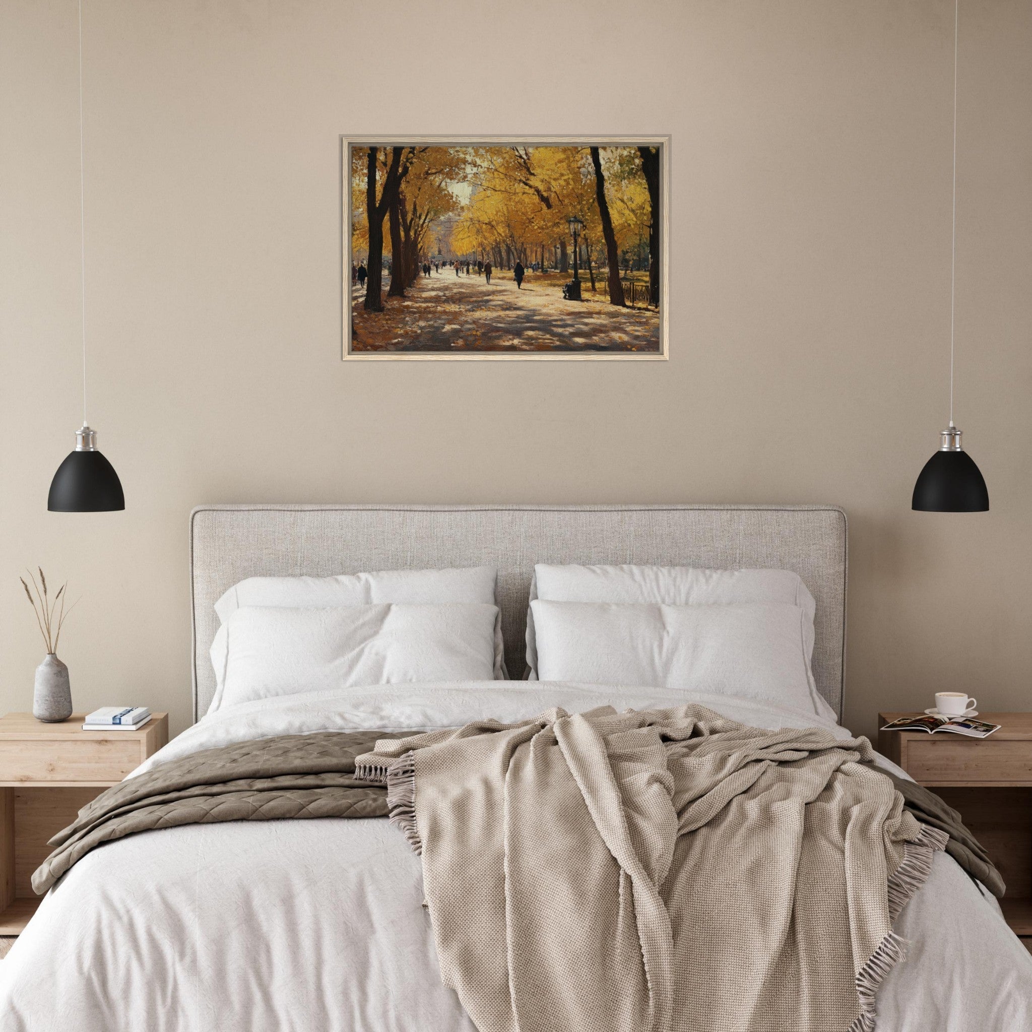 Framed Canvas Landscape - Autumn Park with Strolling Figures A vast park - Shop Ai Art WebShop - Digital Art online Store