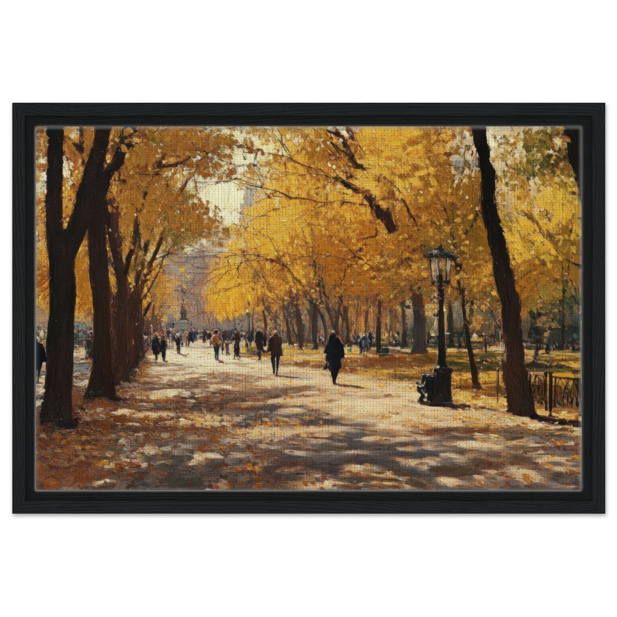 Framed Canvas Landscape - Autumn Park with Strolling Figures A vast park - Shop Ai Art WebShop - Digital Art online Store
