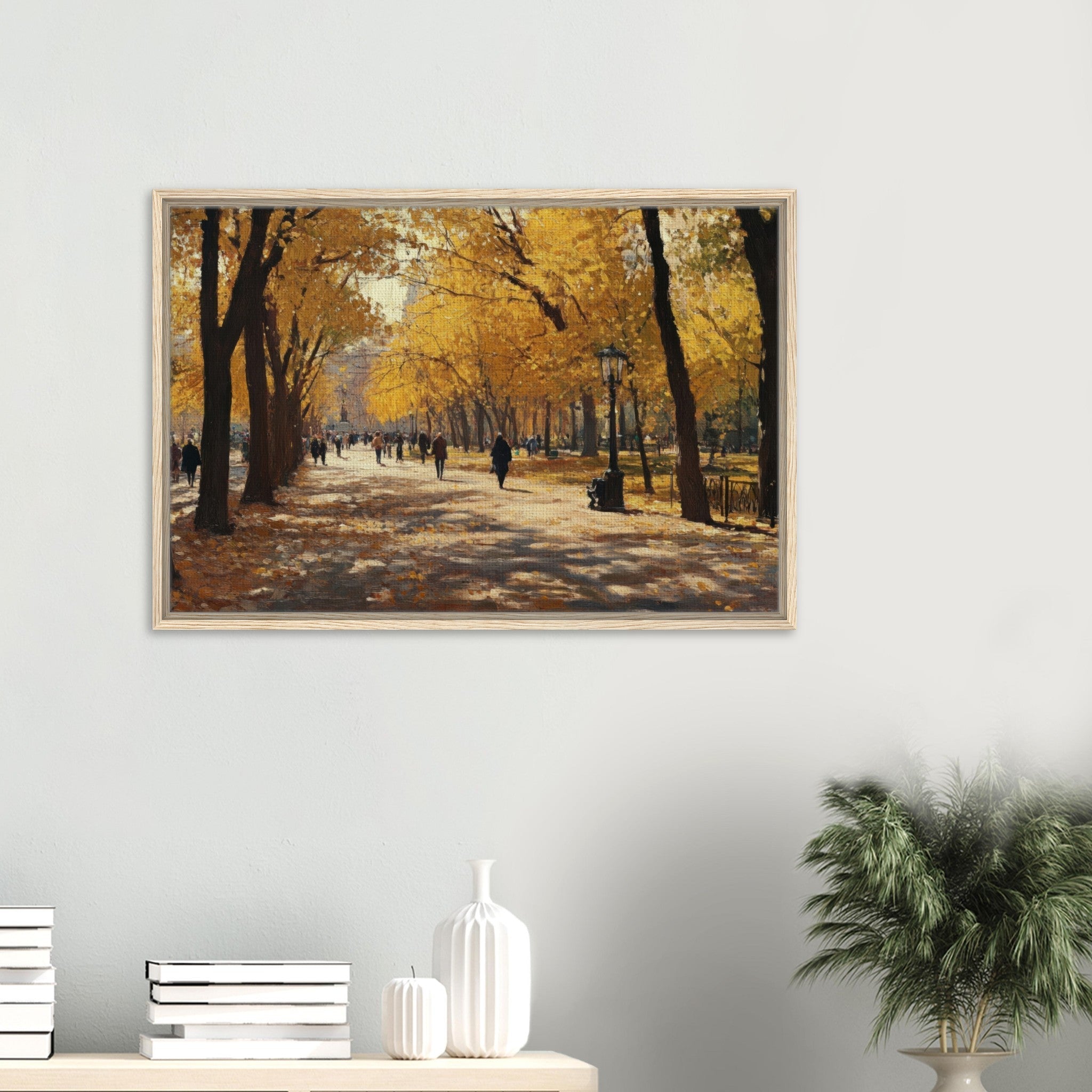 Framed Canvas Landscape - Autumn Park with Strolling Figures A vast park - Shop Ai Art WebShop - Digital Art online Store