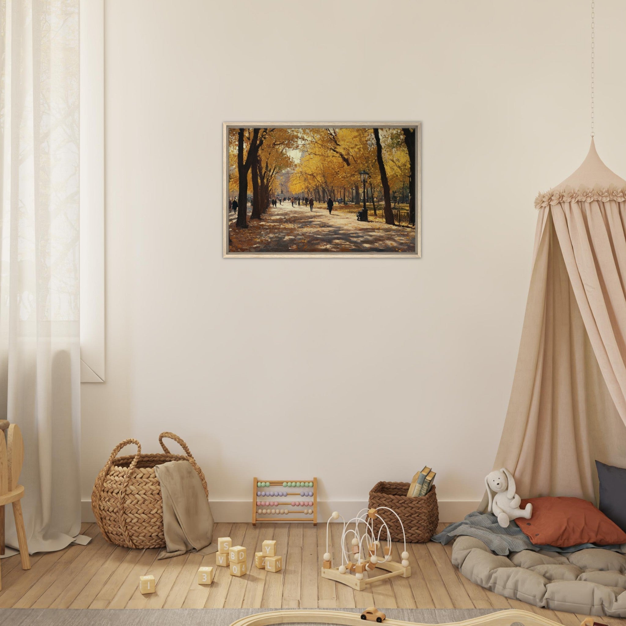 Framed Canvas Landscape - Autumn Park with Strolling Figures A vast park - Shop Ai Art WebShop - Digital Art online Store
