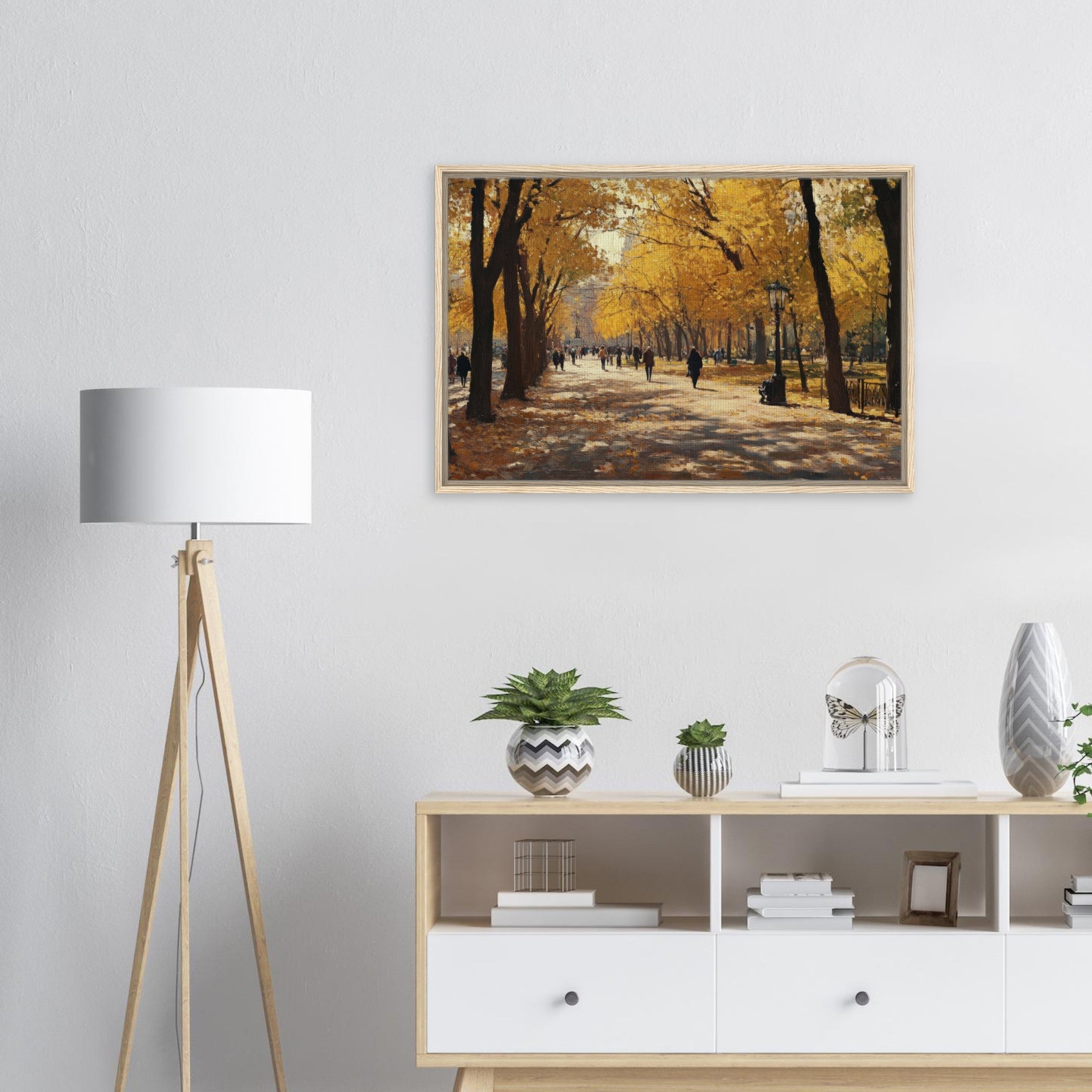 Framed Canvas Landscape - Autumn Park with Strolling Figures A vast park - Shop Ai Art WebShop - Digital Art online Store