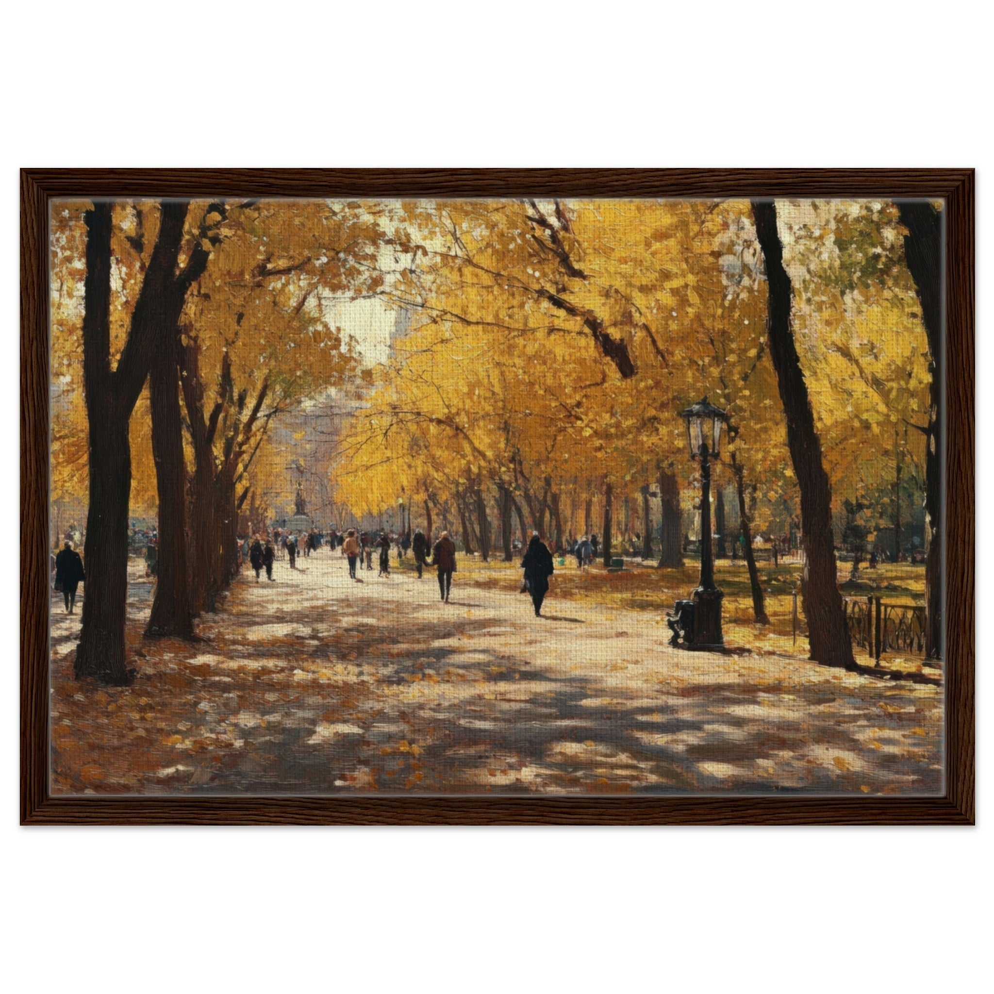 Framed Canvas Landscape - Autumn Park with Strolling Figures A vast park - Shop Ai Art WebShop - Digital Art online Store