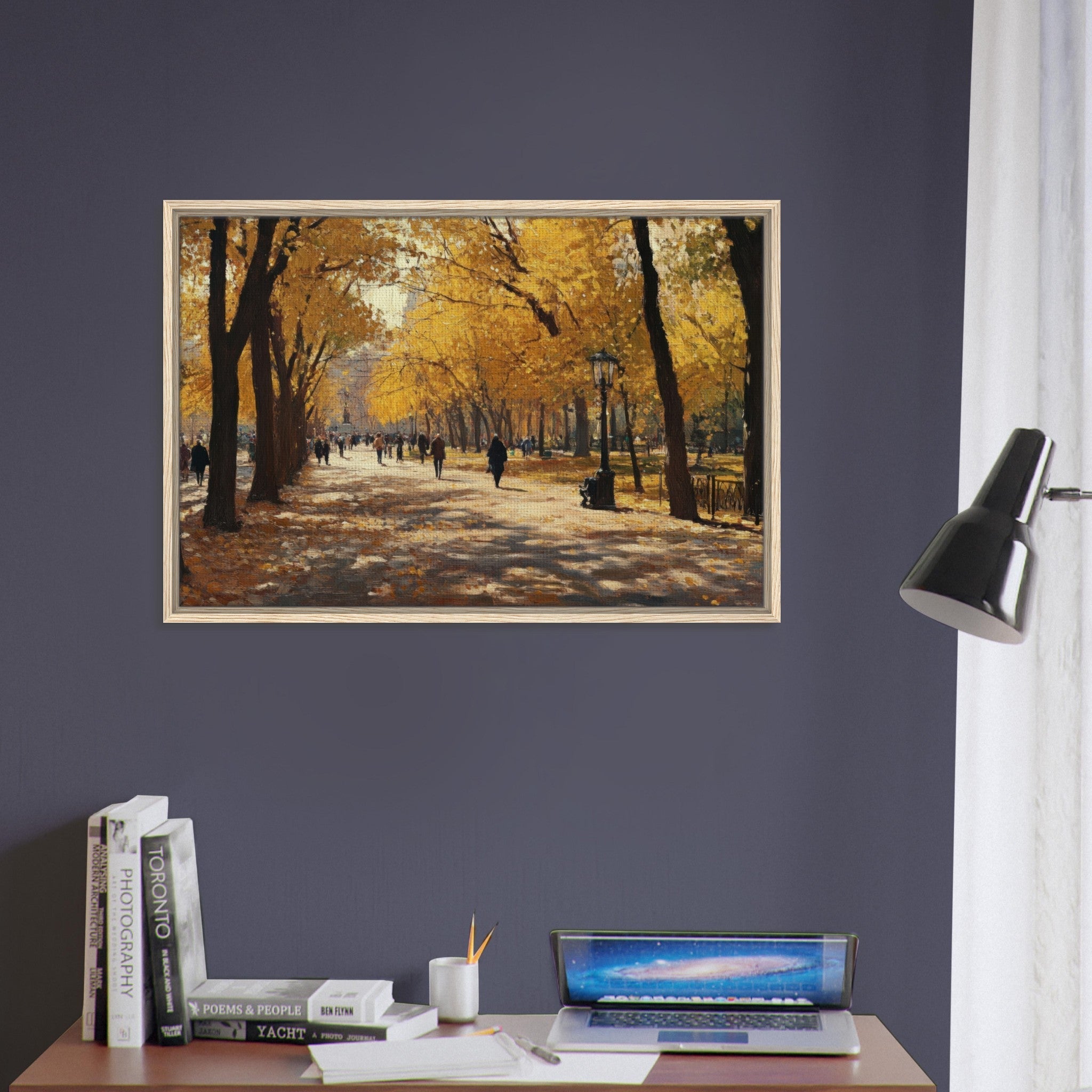 Framed Canvas Landscape - Autumn Park with Strolling Figures A vast park - Shop Ai Art WebShop - Digital Art online Store