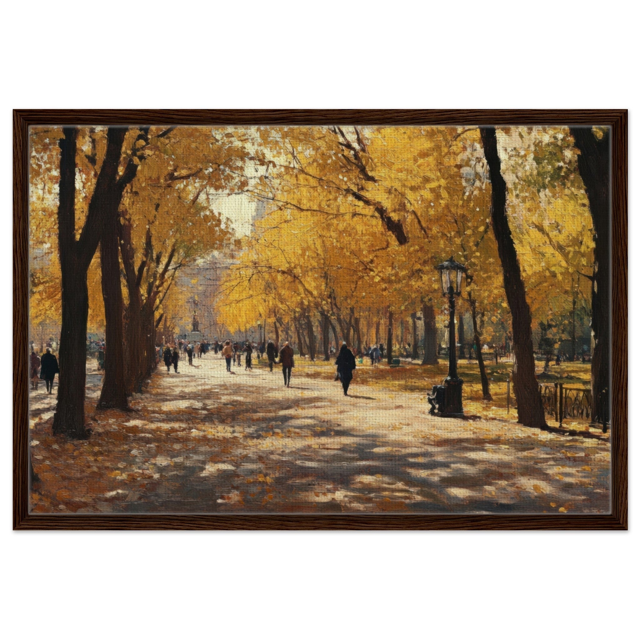 Framed Canvas Landscape - Autumn Park with Strolling Figures A vast park - Shop Ai Art WebShop - Digital Art online Store