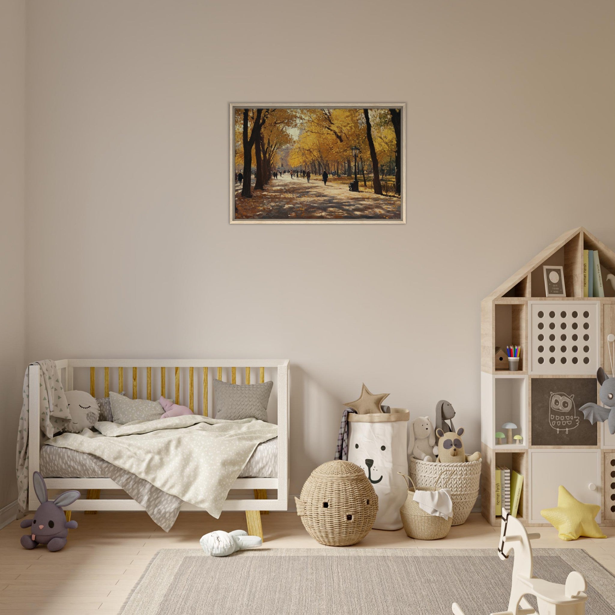 Framed Canvas Landscape - Autumn Park with Strolling Figures A vast park - Shop Ai Art WebShop - Digital Art online Store