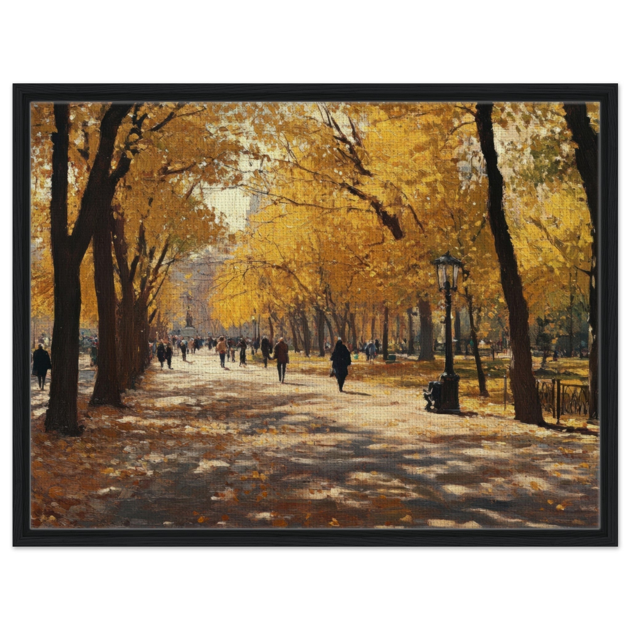 Framed Canvas Landscape - Autumn Park with Strolling Figures A vast park - Shop Ai Art WebShop - Digital Art online Store