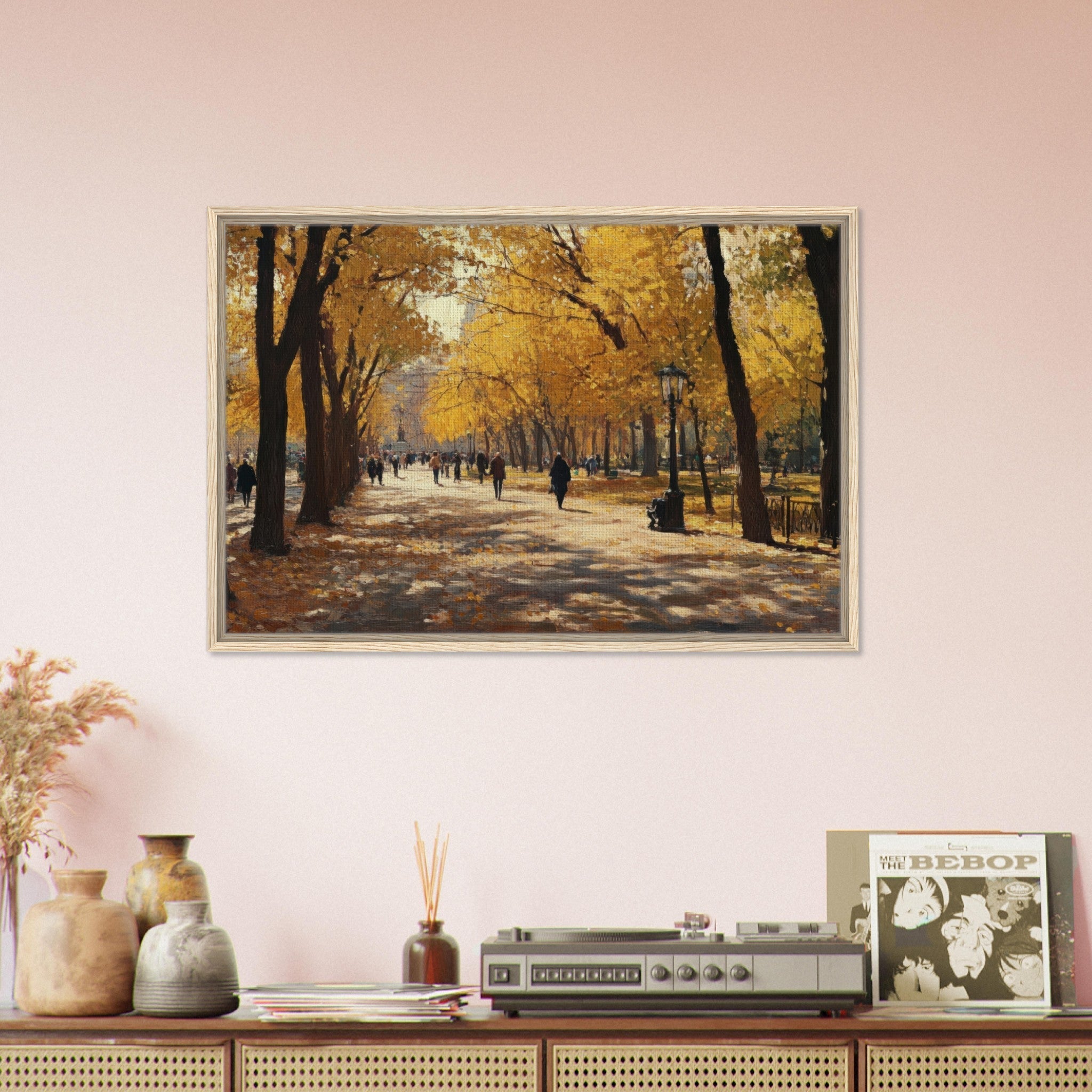 Framed Canvas Landscape - Autumn Park with Strolling Figures A vast park - Shop Ai Art WebShop - Digital Art online Store