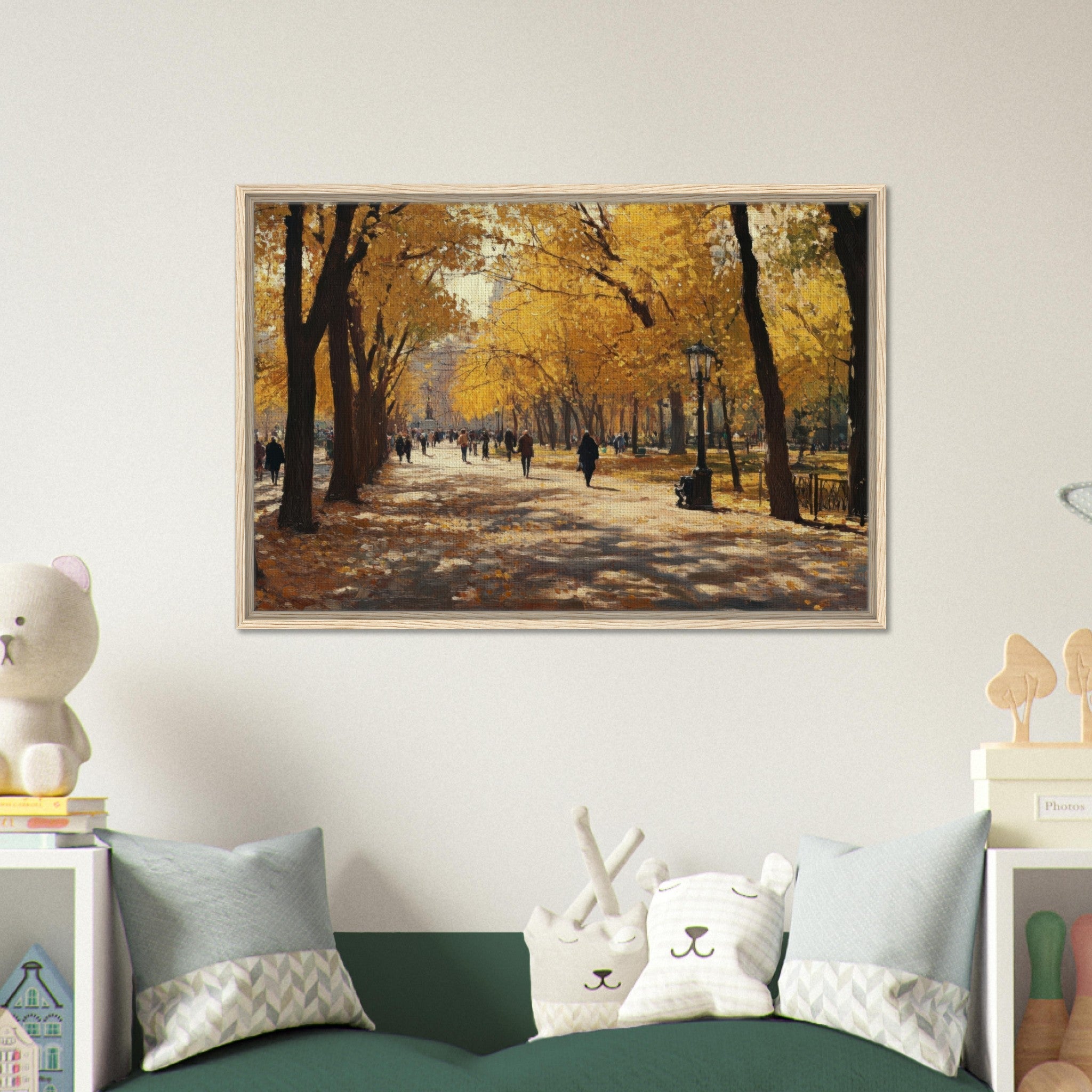 Framed Canvas Landscape - Autumn Park with Strolling Figures A vast park - Shop Ai Art WebShop - Digital Art online Store