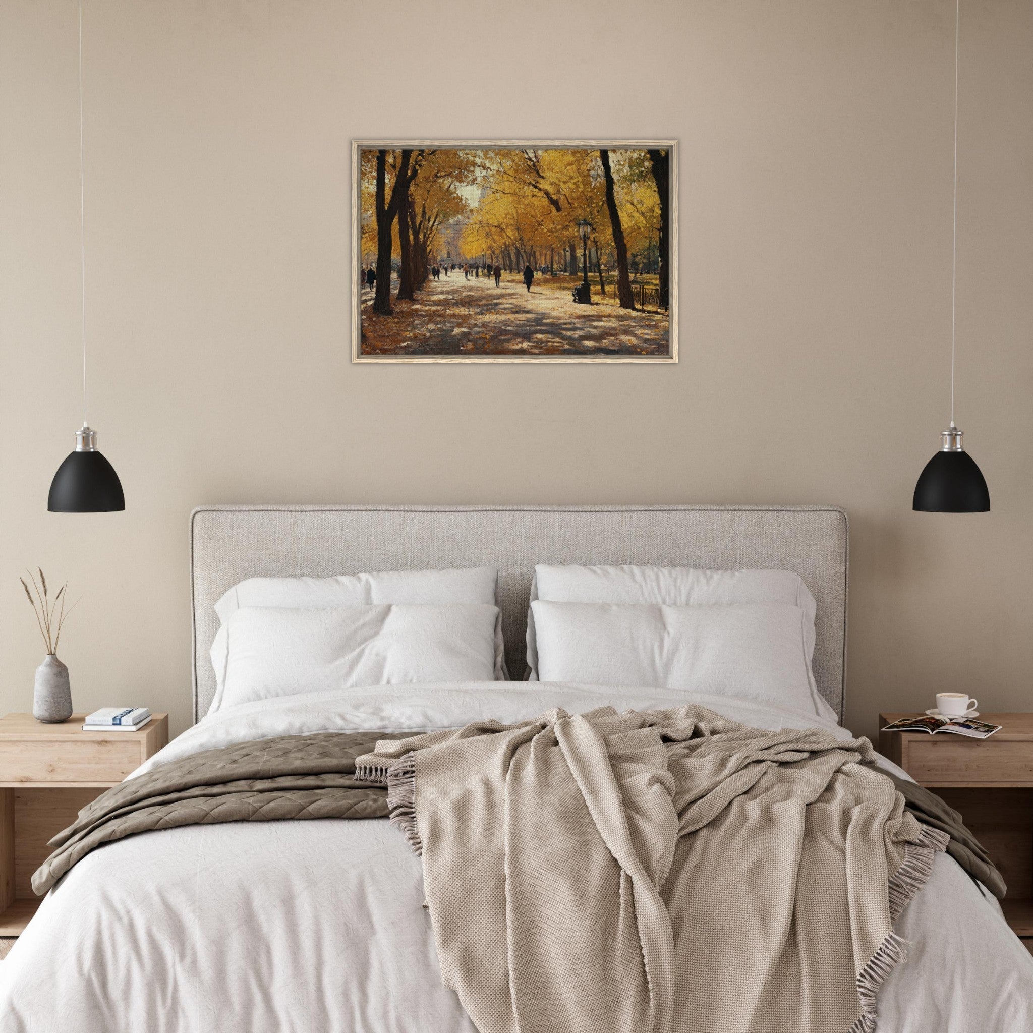 Framed Canvas Landscape - Autumn Park with Strolling Figures A vast park - Shop Ai Art WebShop - Digital Art online Store