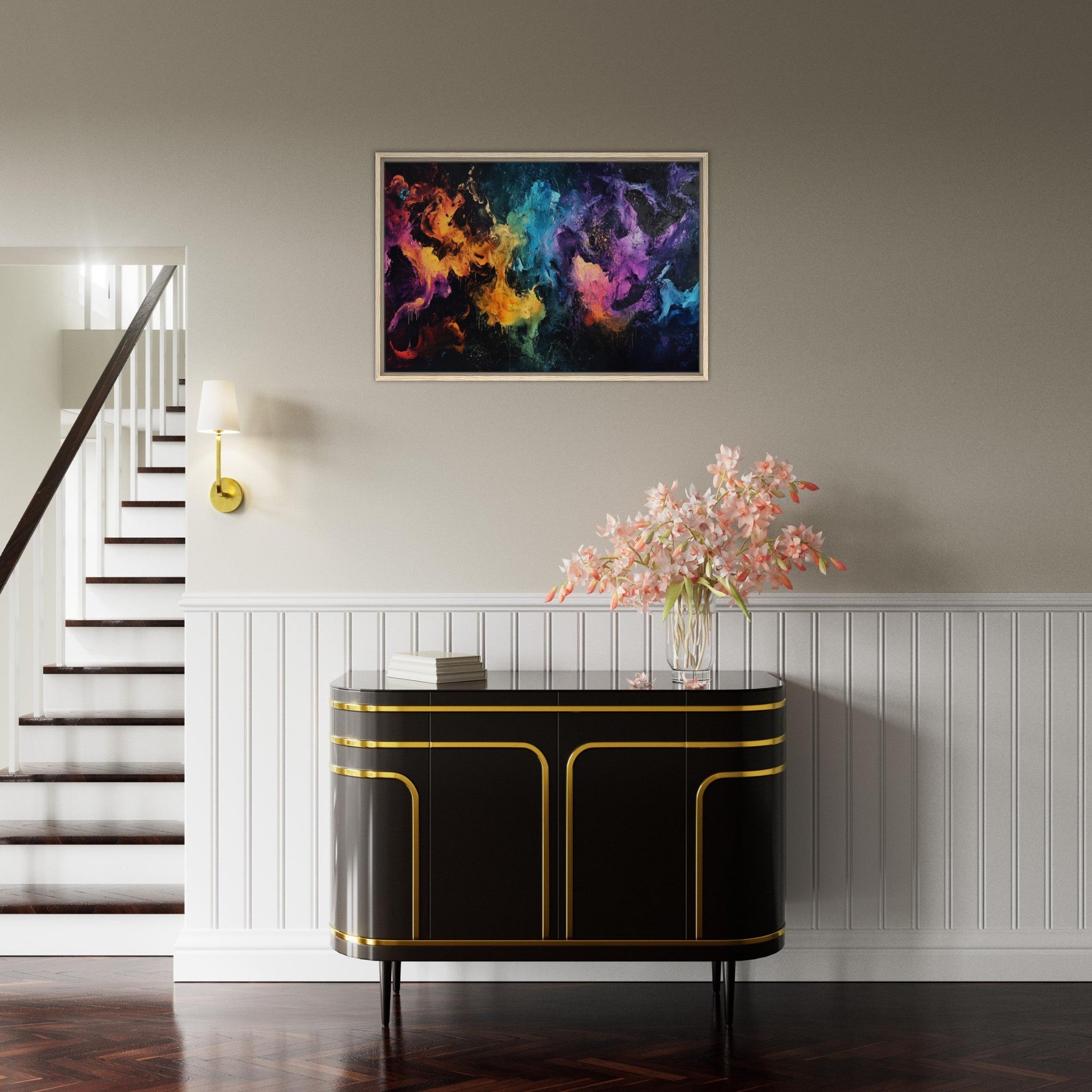Framed Canvas Landscape - Chromatic Abyss A dark infinite void punctured - Shop Ai Art WebShop - Digital Art online Store