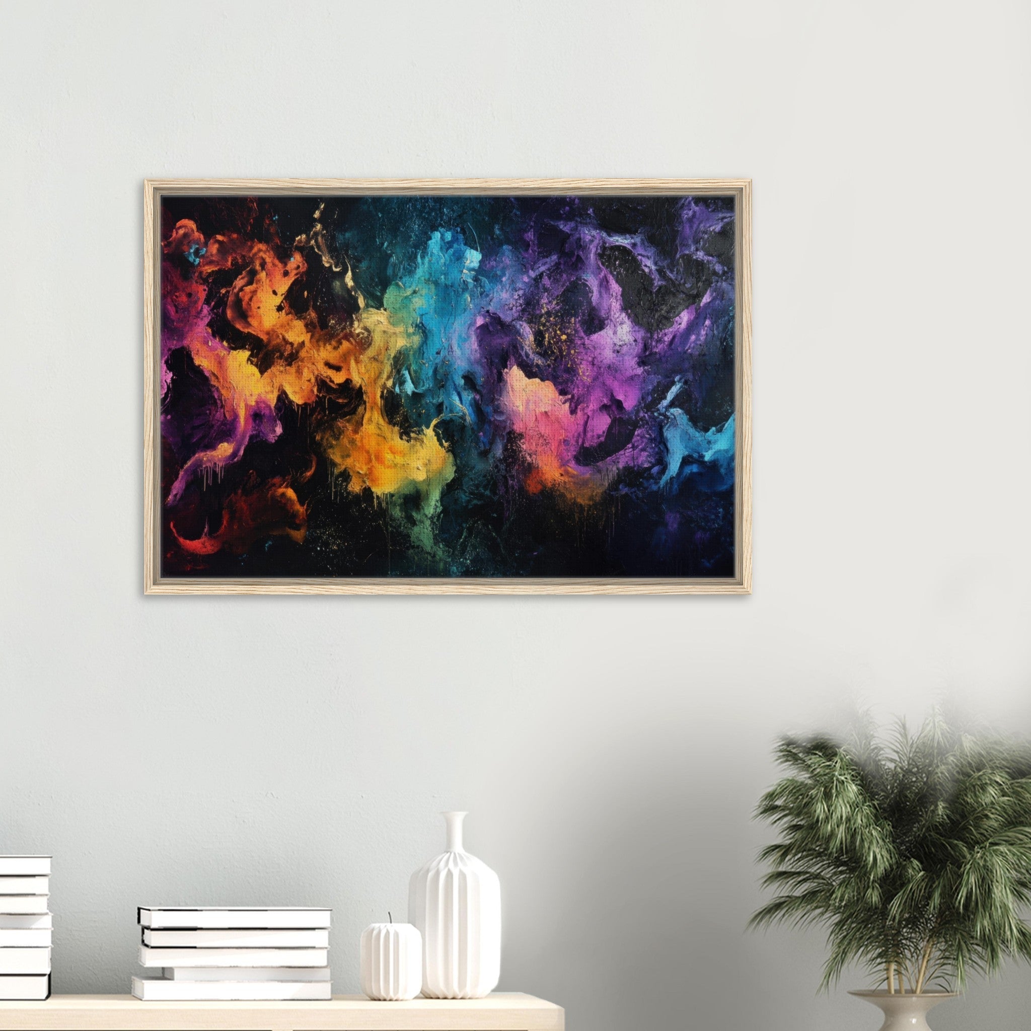 Framed Canvas Landscape - Chromatic Abyss A dark infinite void punctured - Shop Ai Art WebShop - Digital Art online Store