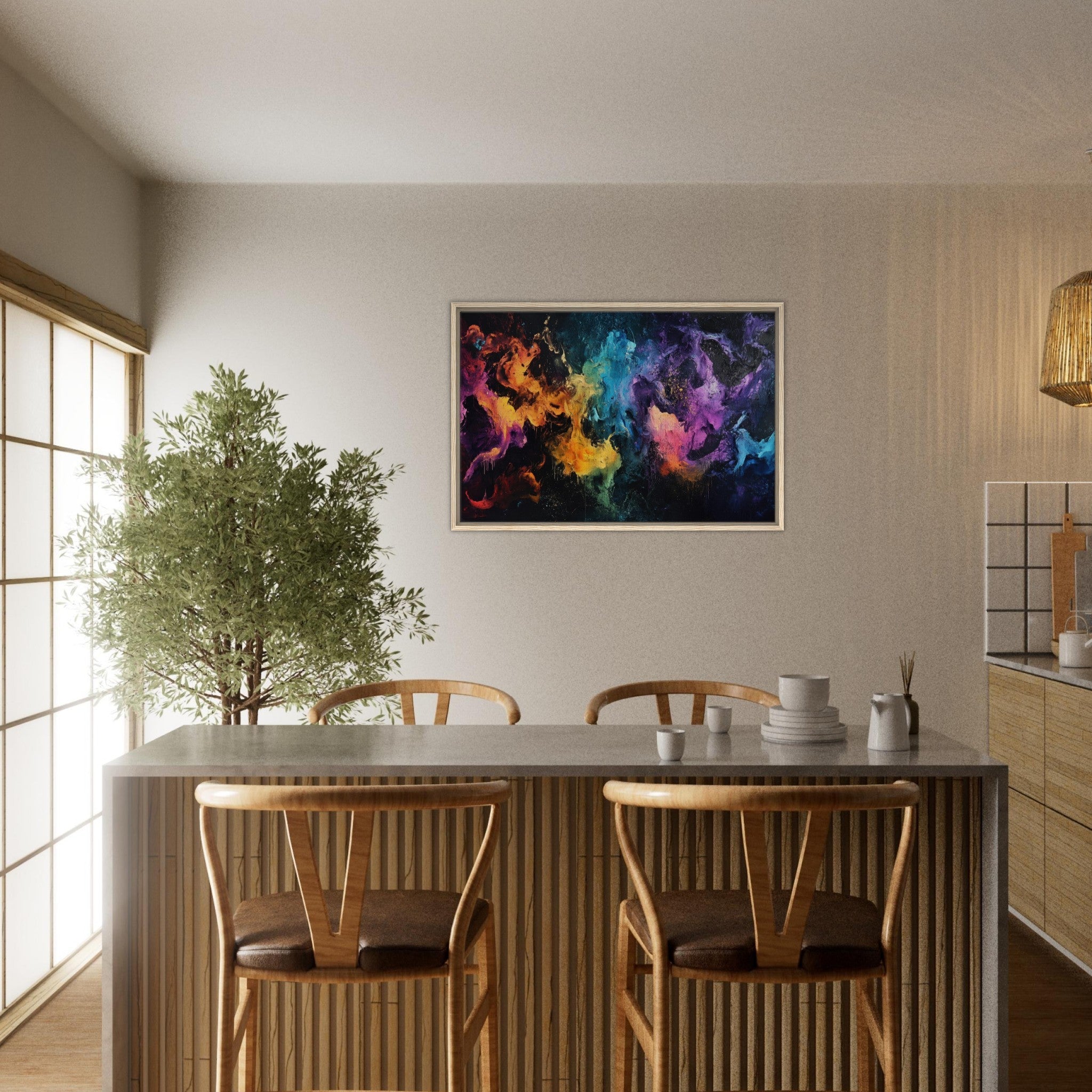 Framed Canvas Landscape - Chromatic Abyss A dark infinite void punctured - Shop Ai Art WebShop - Digital Art online Store