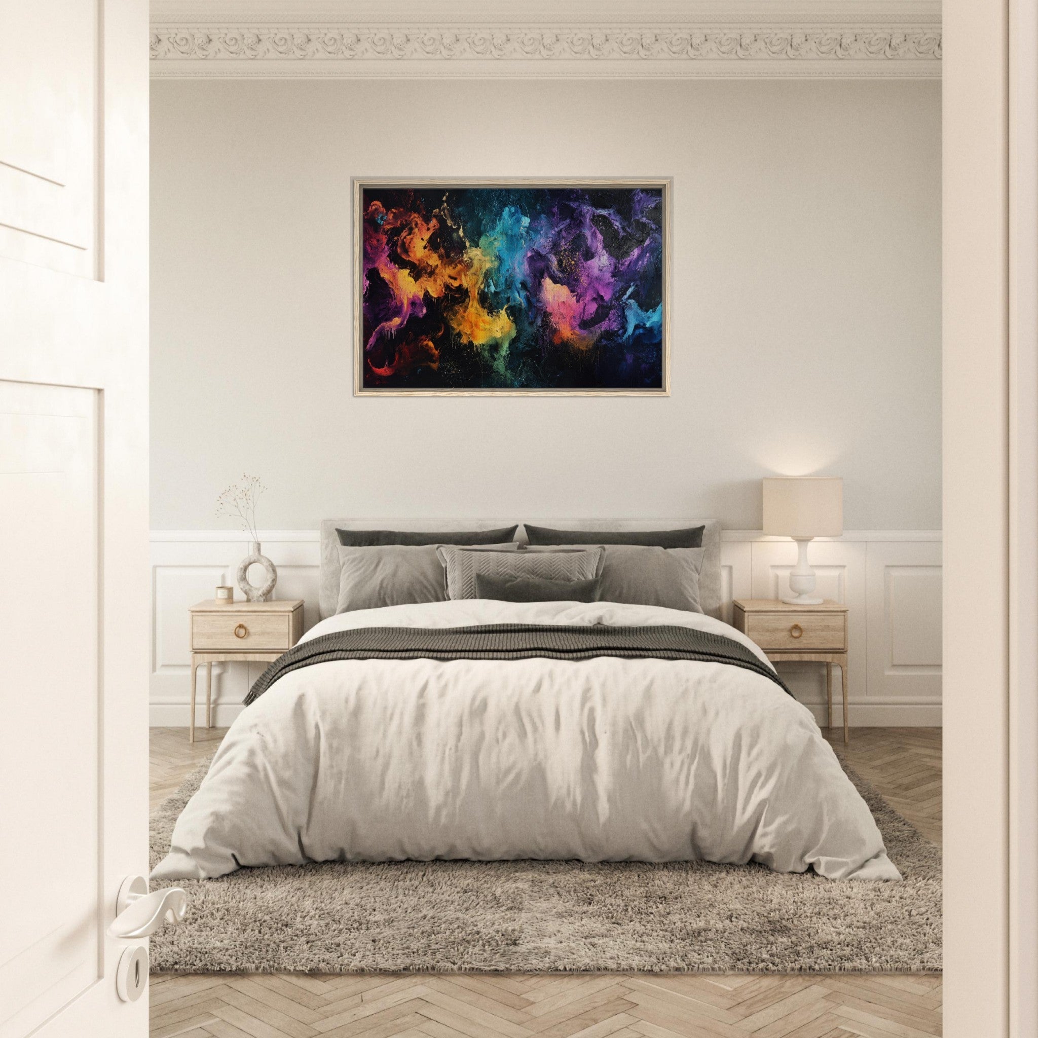 Framed Canvas Landscape - Chromatic Abyss A dark infinite void punctured - Shop Ai Art WebShop - Digital Art online Store