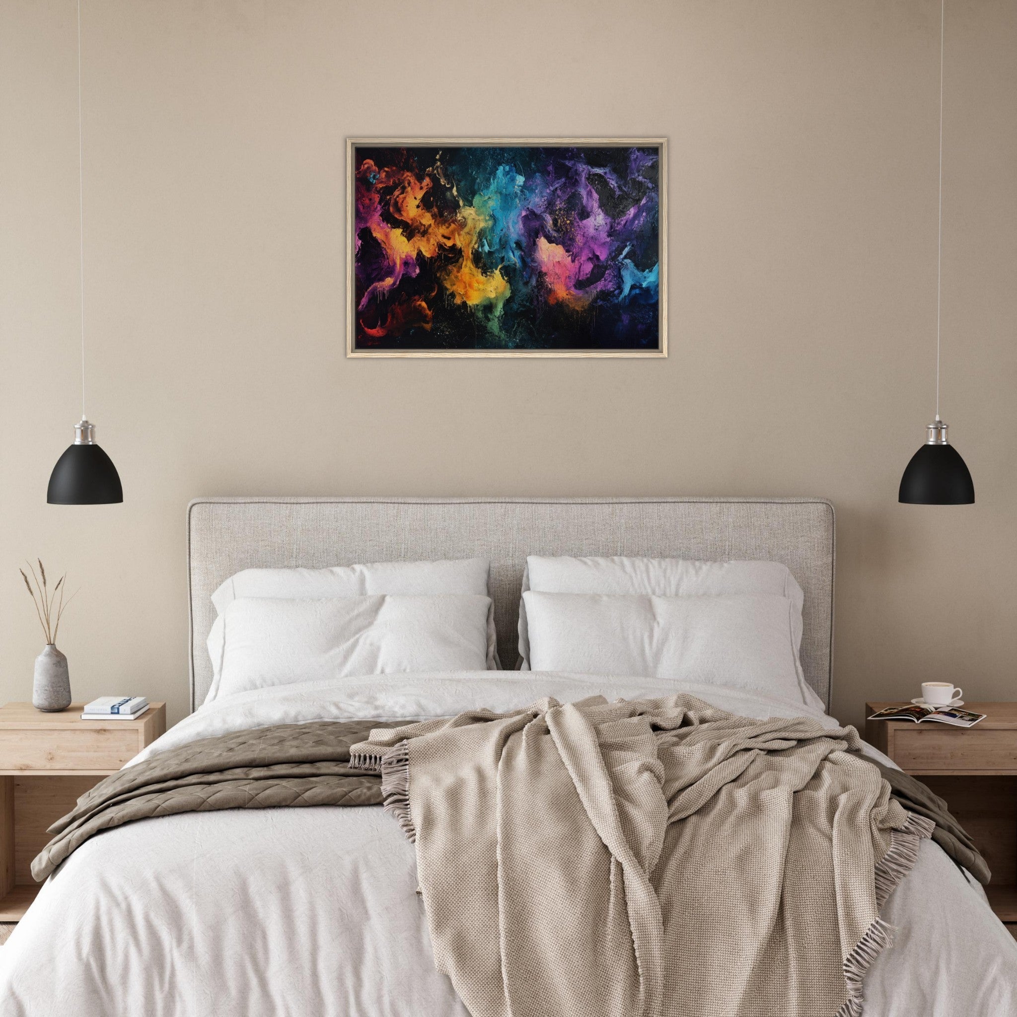 Framed Canvas Landscape - Chromatic Abyss A dark infinite void punctured - Shop Ai Art WebShop - Digital Art online Store