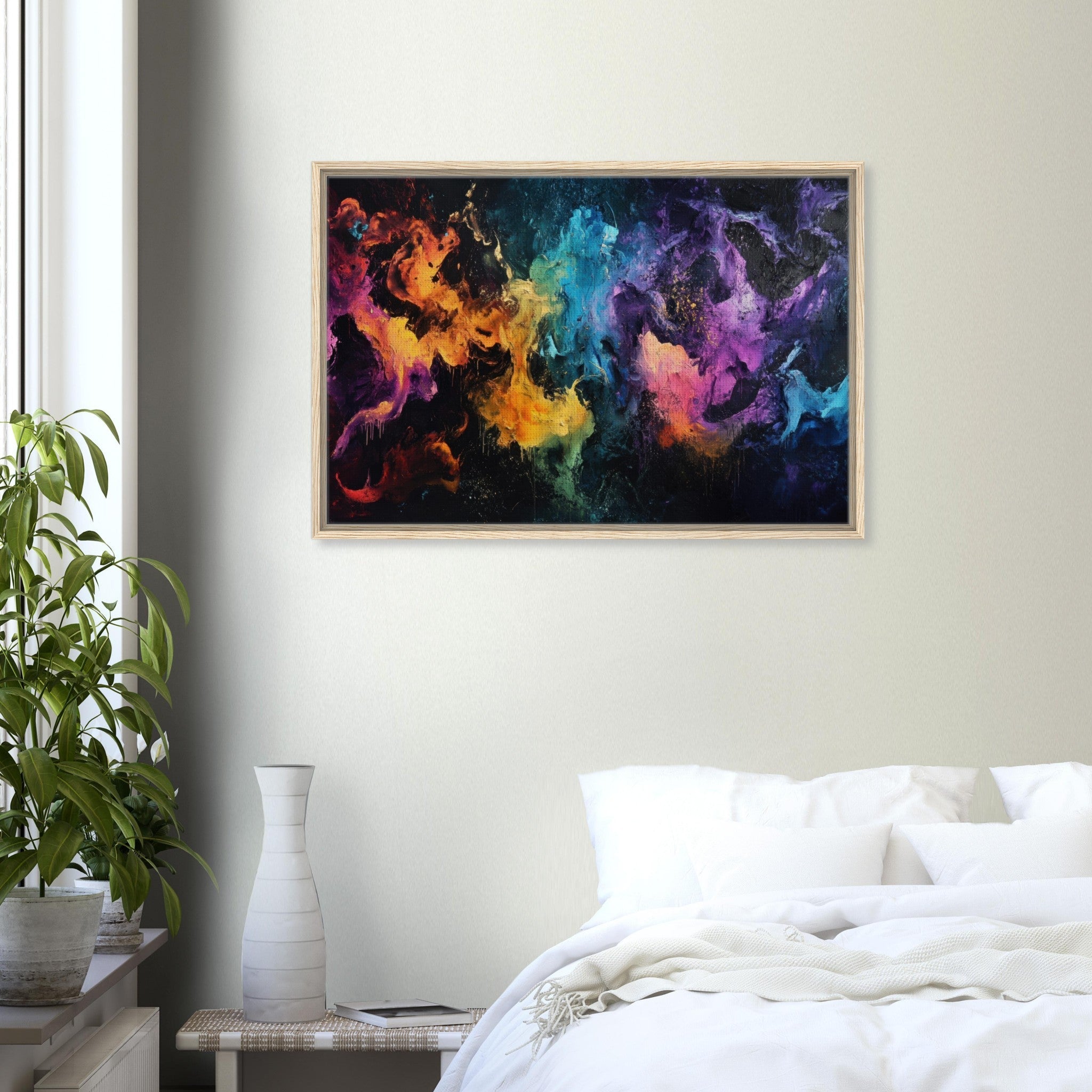 Framed Canvas Landscape - Chromatic Abyss A dark infinite void punctured - Shop Ai Art WebShop - Digital Art online Store