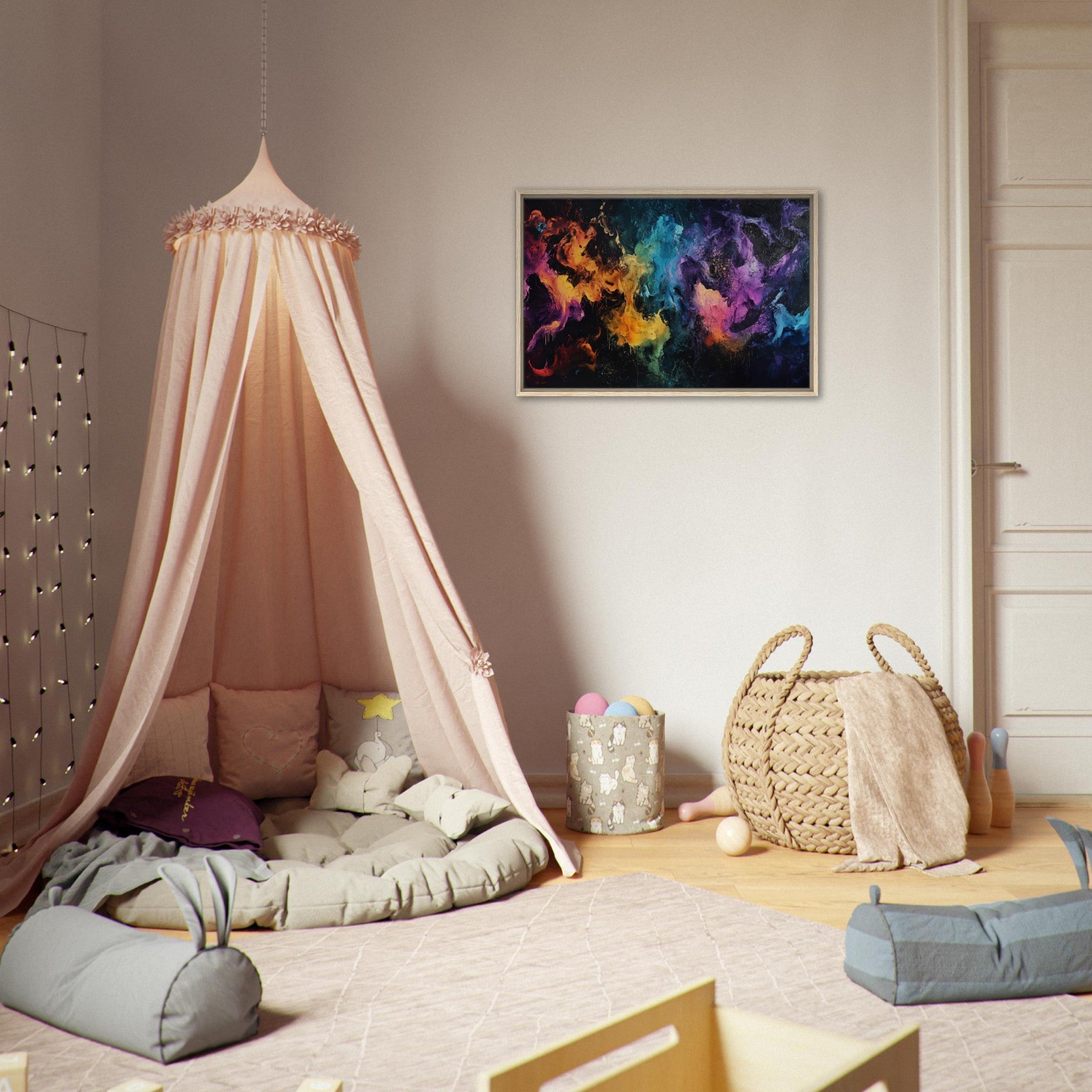 Framed Canvas Landscape - Chromatic Abyss A dark infinite void punctured - Shop Ai Art WebShop - Digital Art online Store