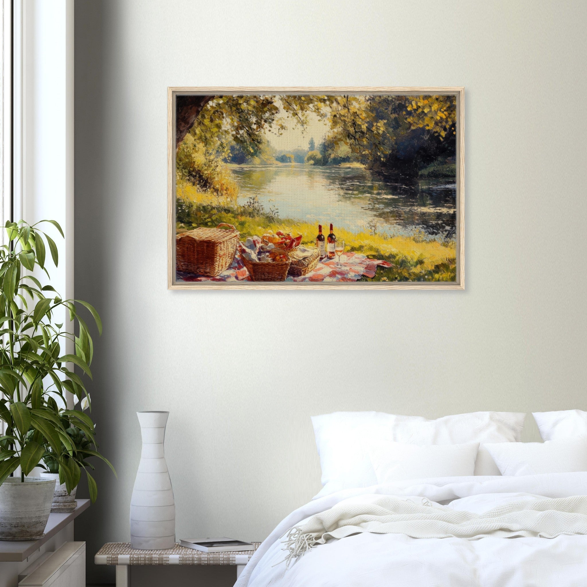 Framed Canvas Landscape - Countryside Picnic by a River A lazy afternoon - Shop Ai Art WebShop - Digital Art online Store
