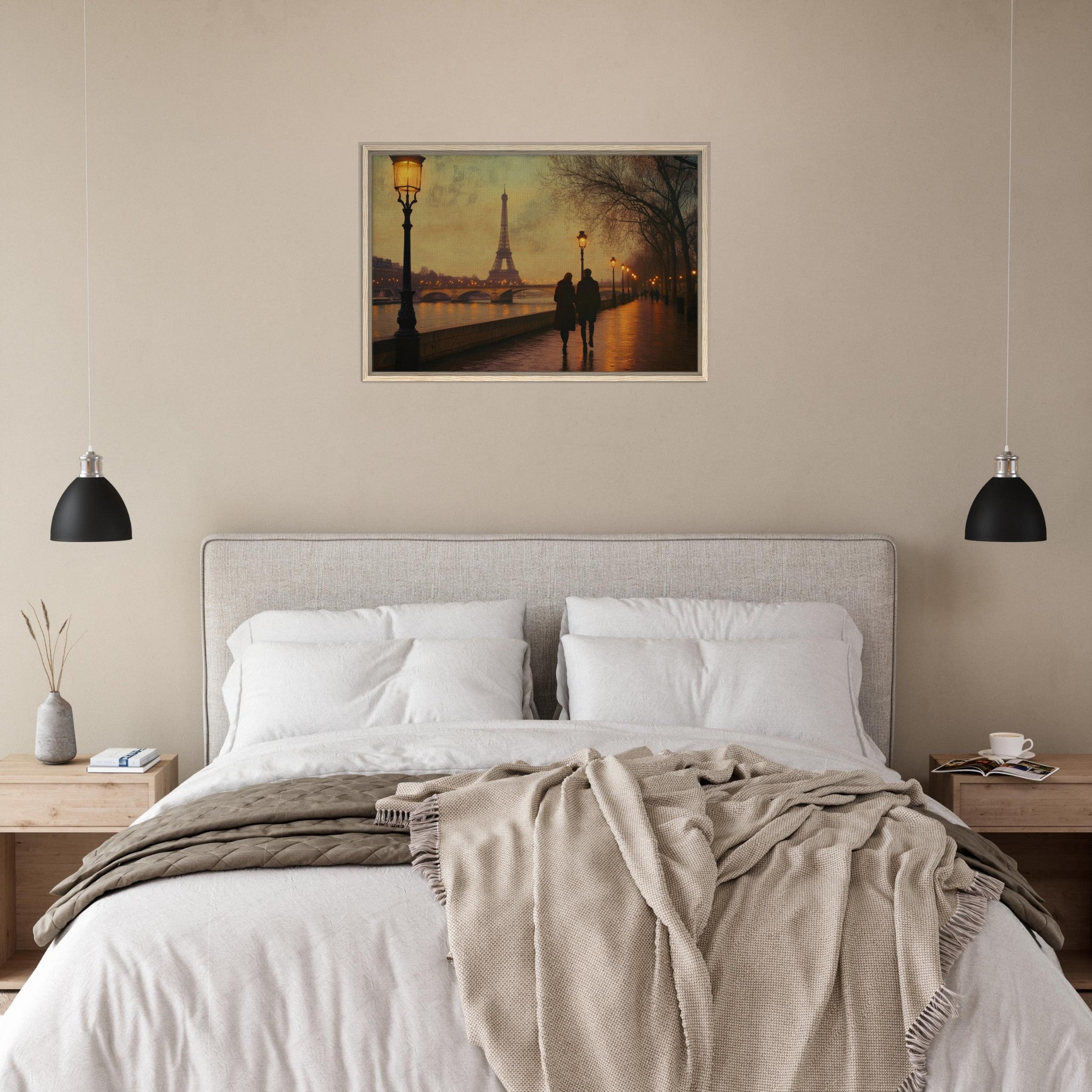 Framed Canvas Landscape - Evening Stroll Along the Seine A romantic river 2 - Shop Ai Art WebShop - Digital Art online Store