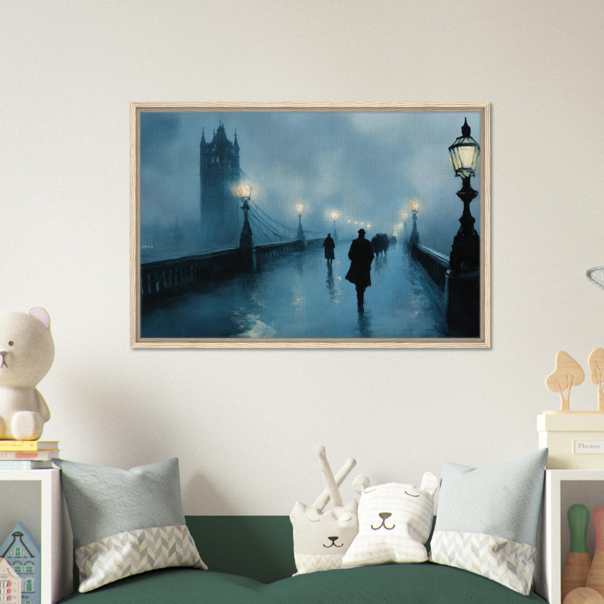 Framed Canvas Landscape - Foggy London Bridge at Dawn A misty morning vie - Shop Ai Art WebShop - Digital Art online Store