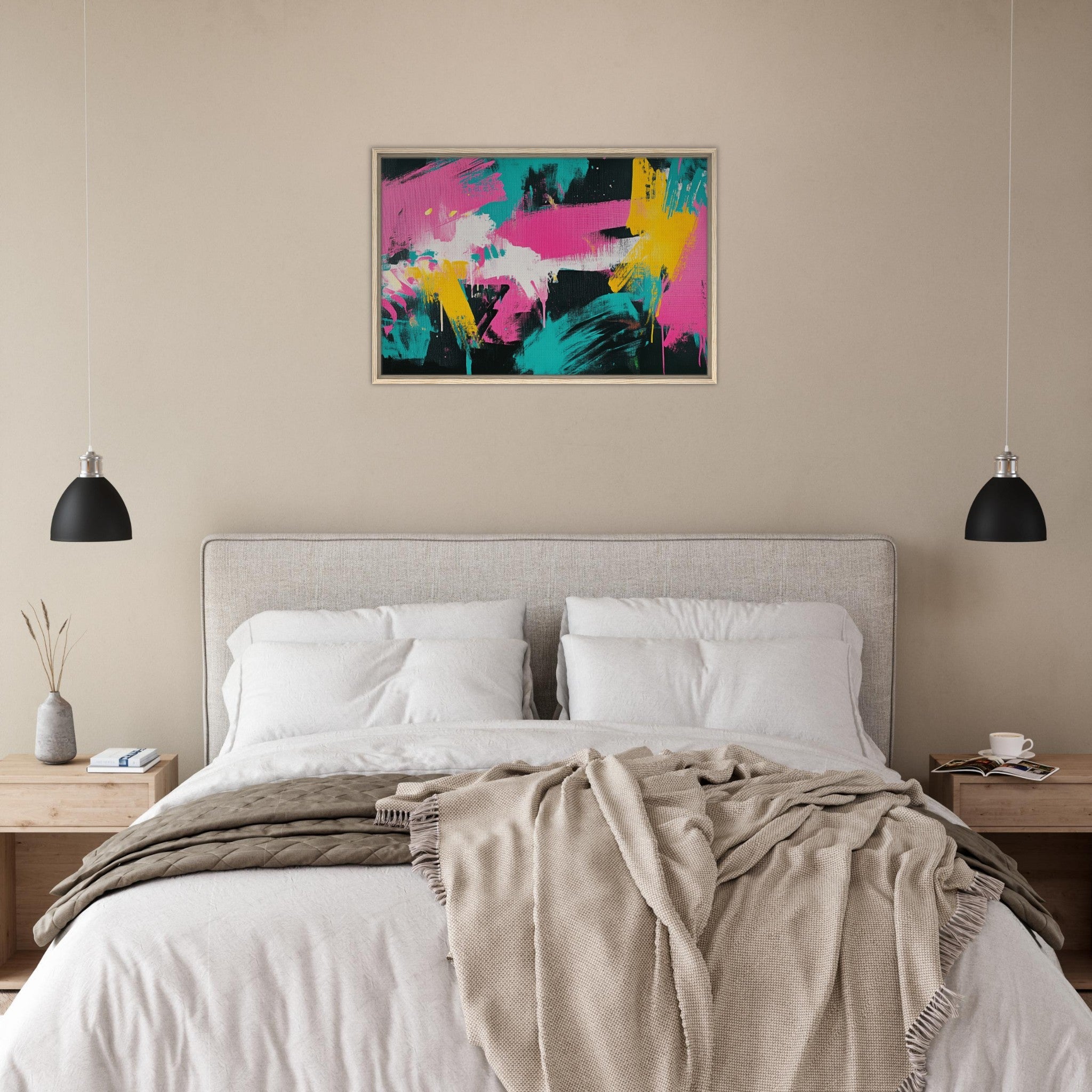 Framed Canvas Landscape - Neon Reverie An explosion of neon lights in pink - Shop Ai Art WebShop - Digital Art online Store