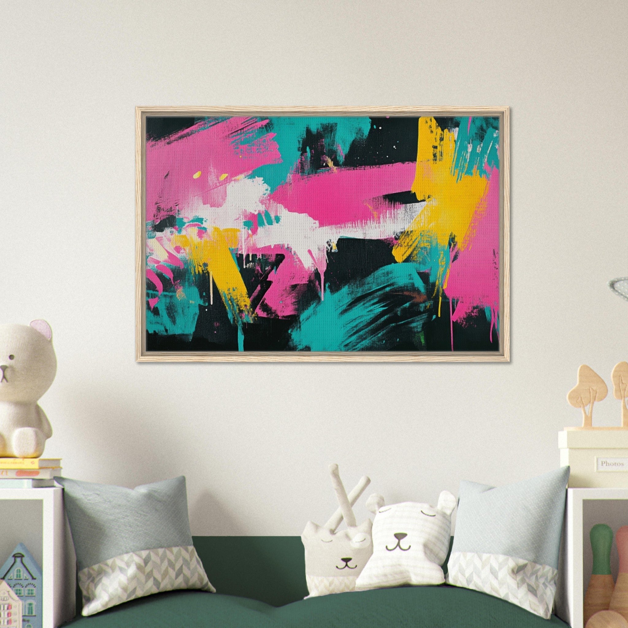 Framed Canvas Landscape - Neon Reverie An explosion of neon lights in pink - Shop Ai Art WebShop - Digital Art online Store
