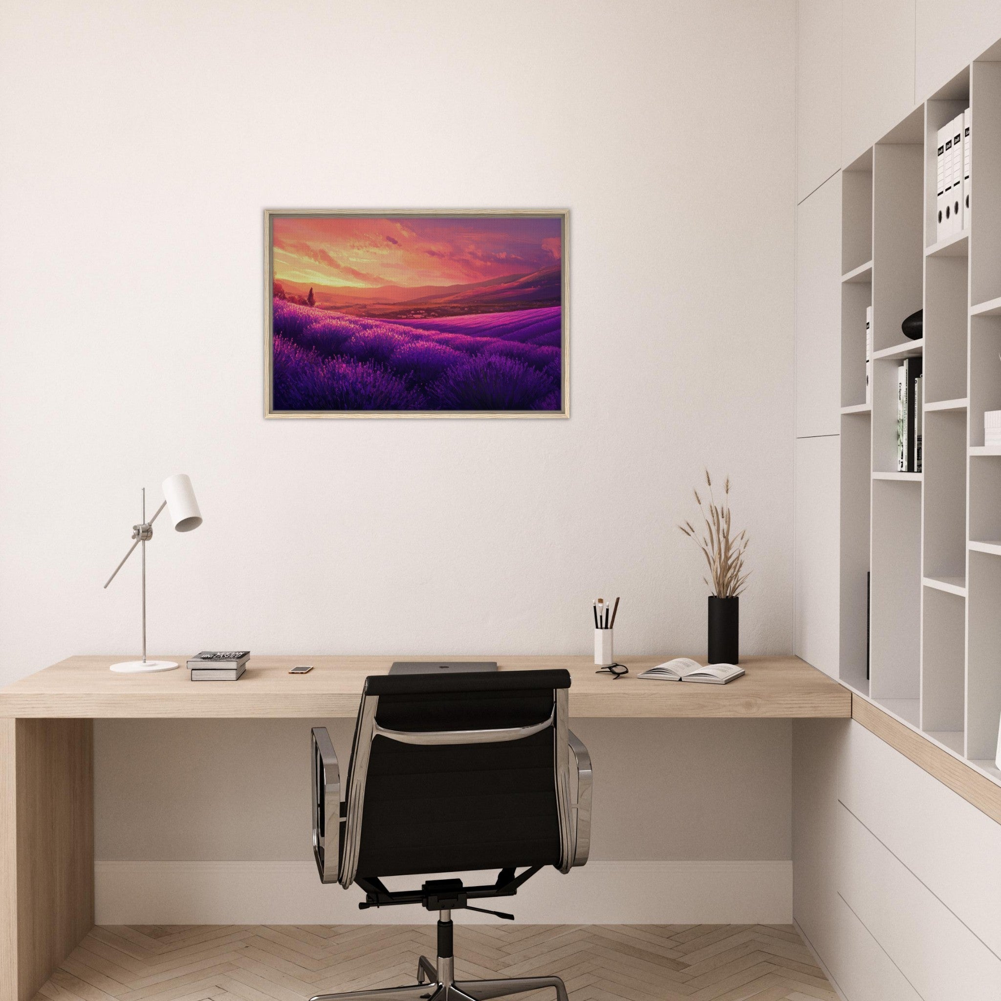 Framed Canvas Landscape - Rolling lavender fields under a pink - hued sunset 2 - Shop Ai Art WebShop - Digital Art online Store