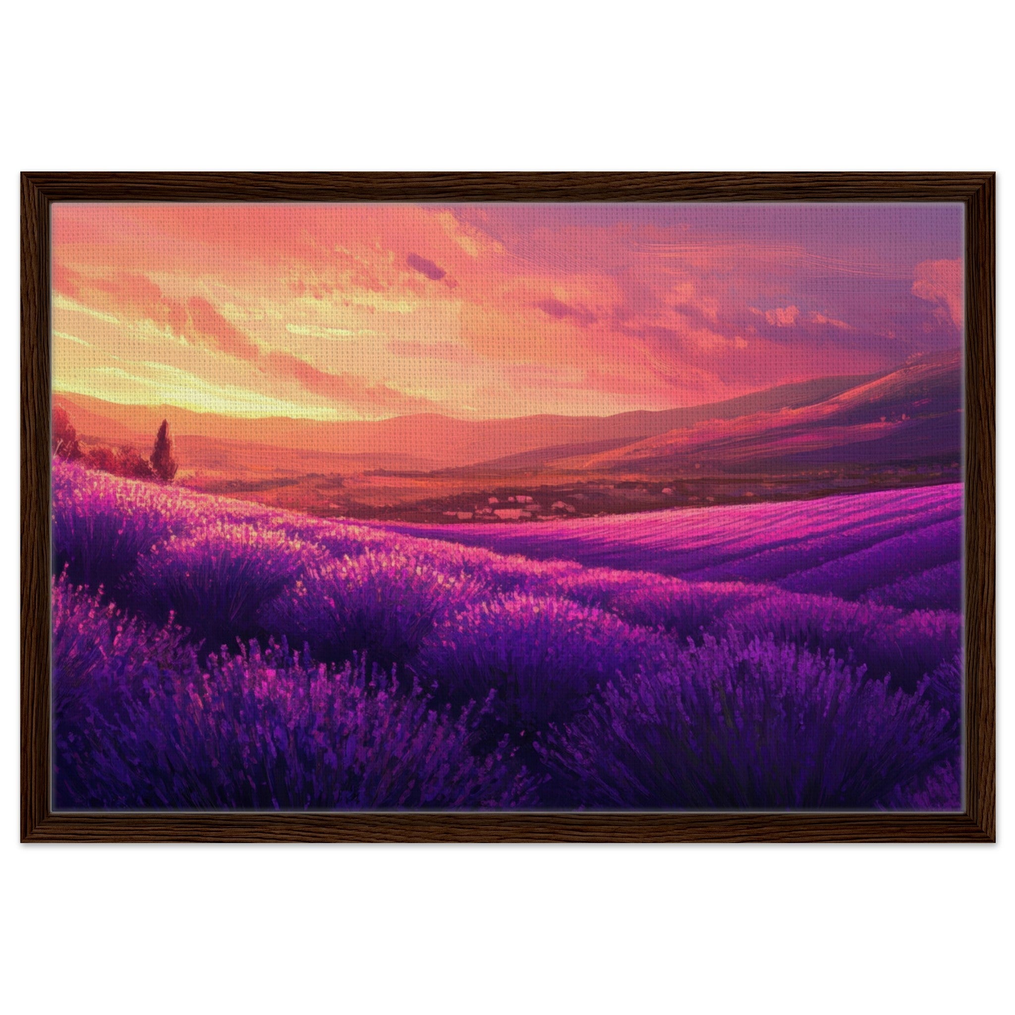 Framed Canvas Landscape - Rolling lavender fields under a pink - hued sunset 2 - Shop Ai Art WebShop - Digital Art online Store