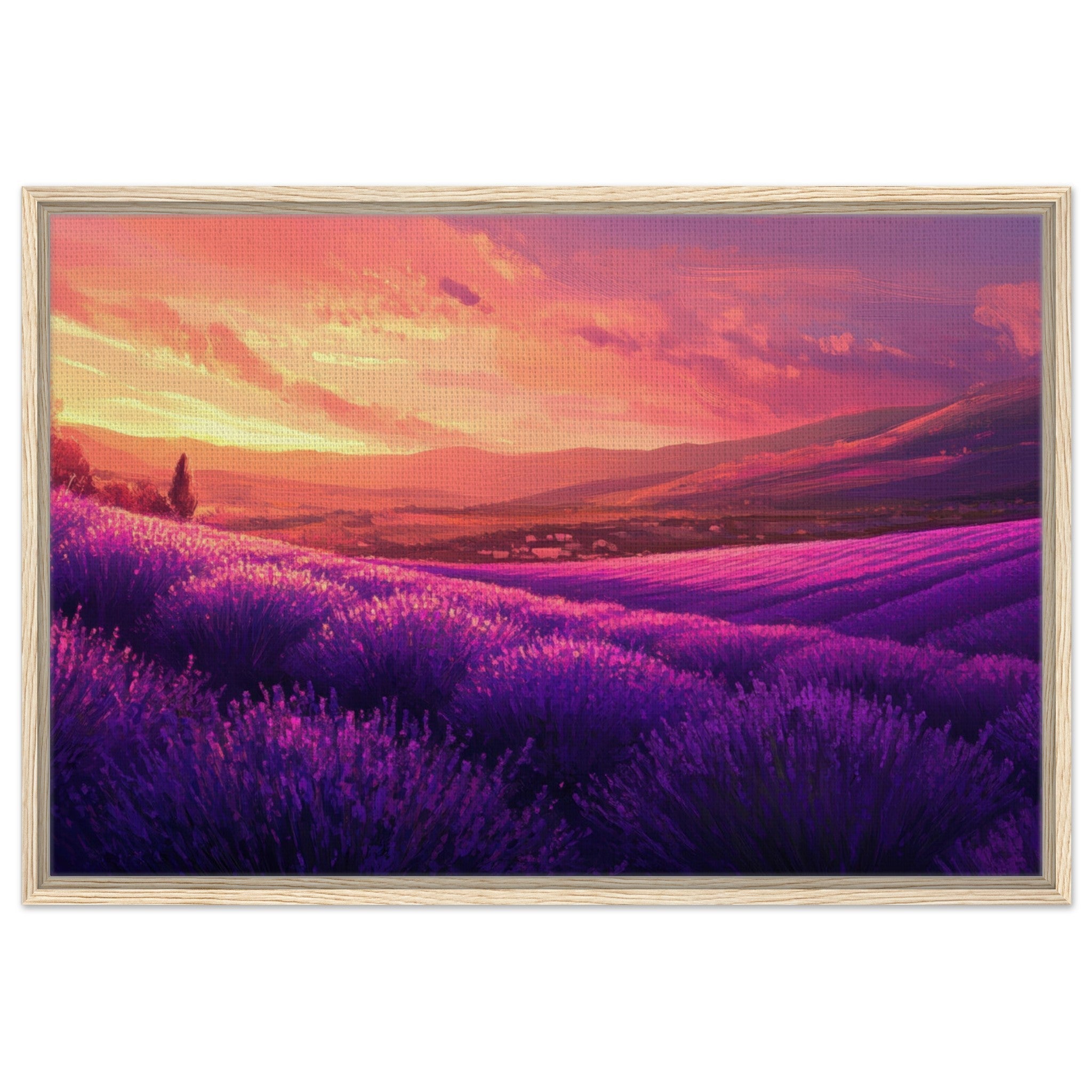 Framed Canvas Landscape - Rolling lavender fields under a pink - hued sunset 2 - Shop Ai Art WebShop - Digital Art online Store