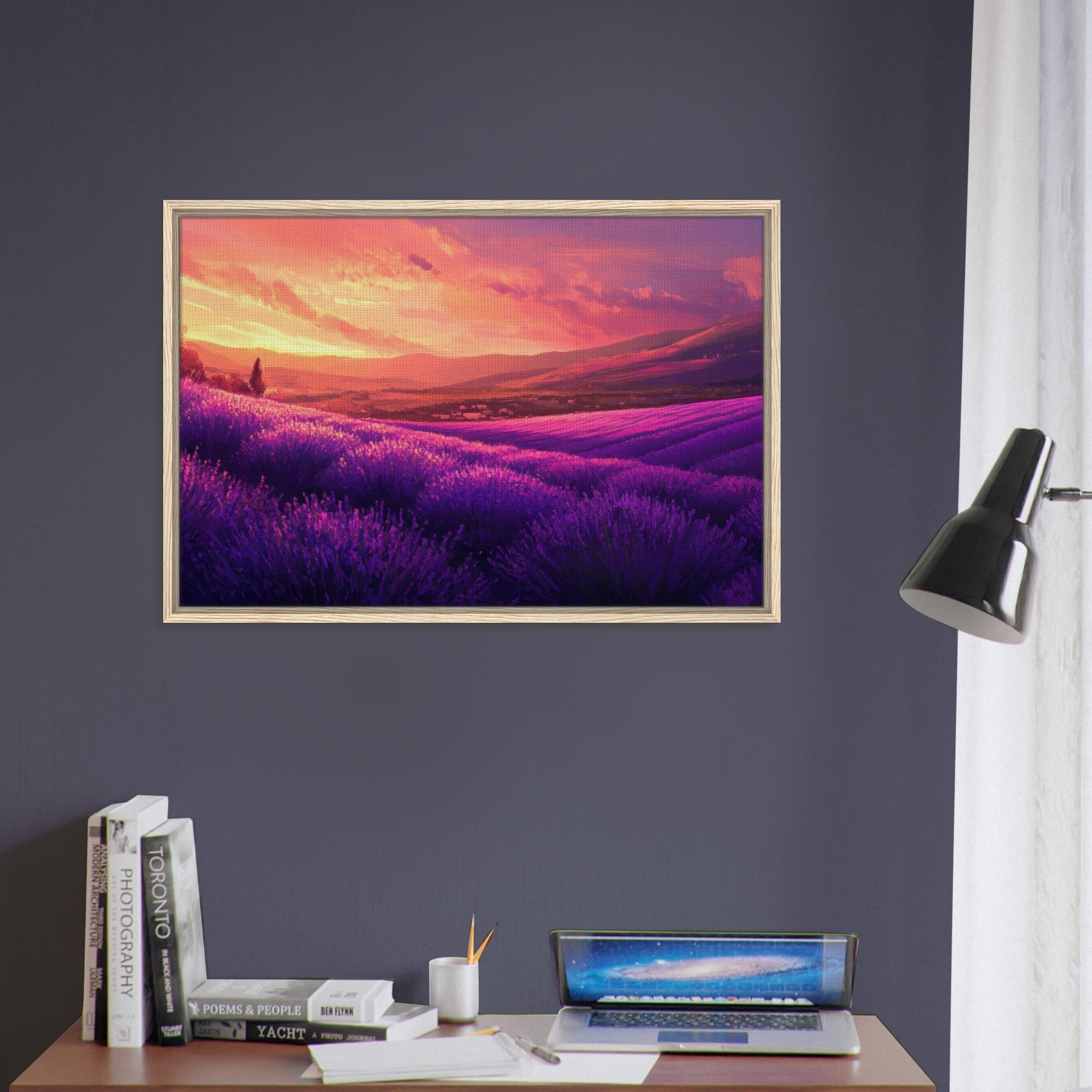 Framed Canvas Landscape - Rolling lavender fields under a pink - hued sunset 2 - Shop Ai Art WebShop - Digital Art online Store