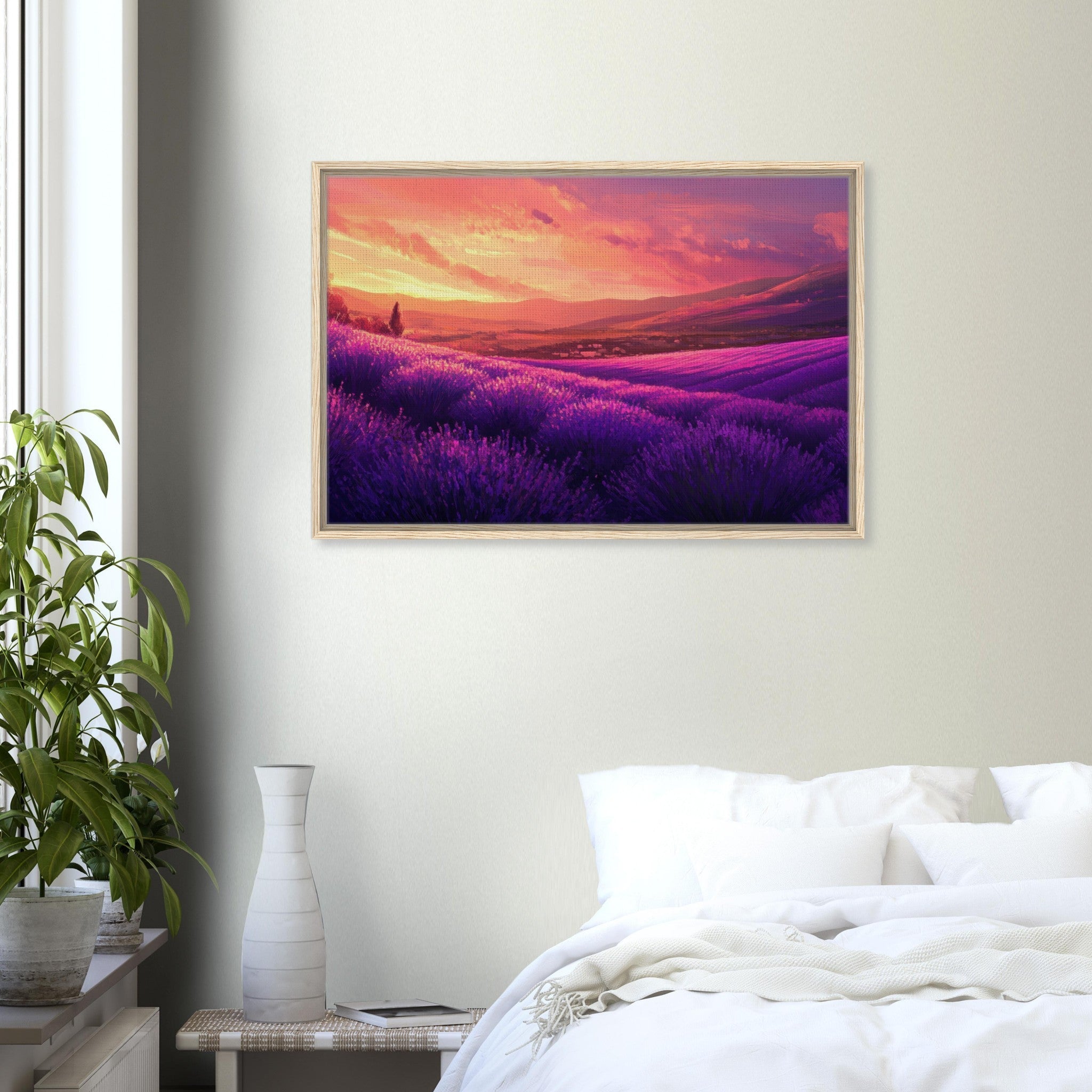 Framed Canvas Landscape - Rolling lavender fields under a pink - hued sunset 2 - Shop Ai Art WebShop - Digital Art online Store