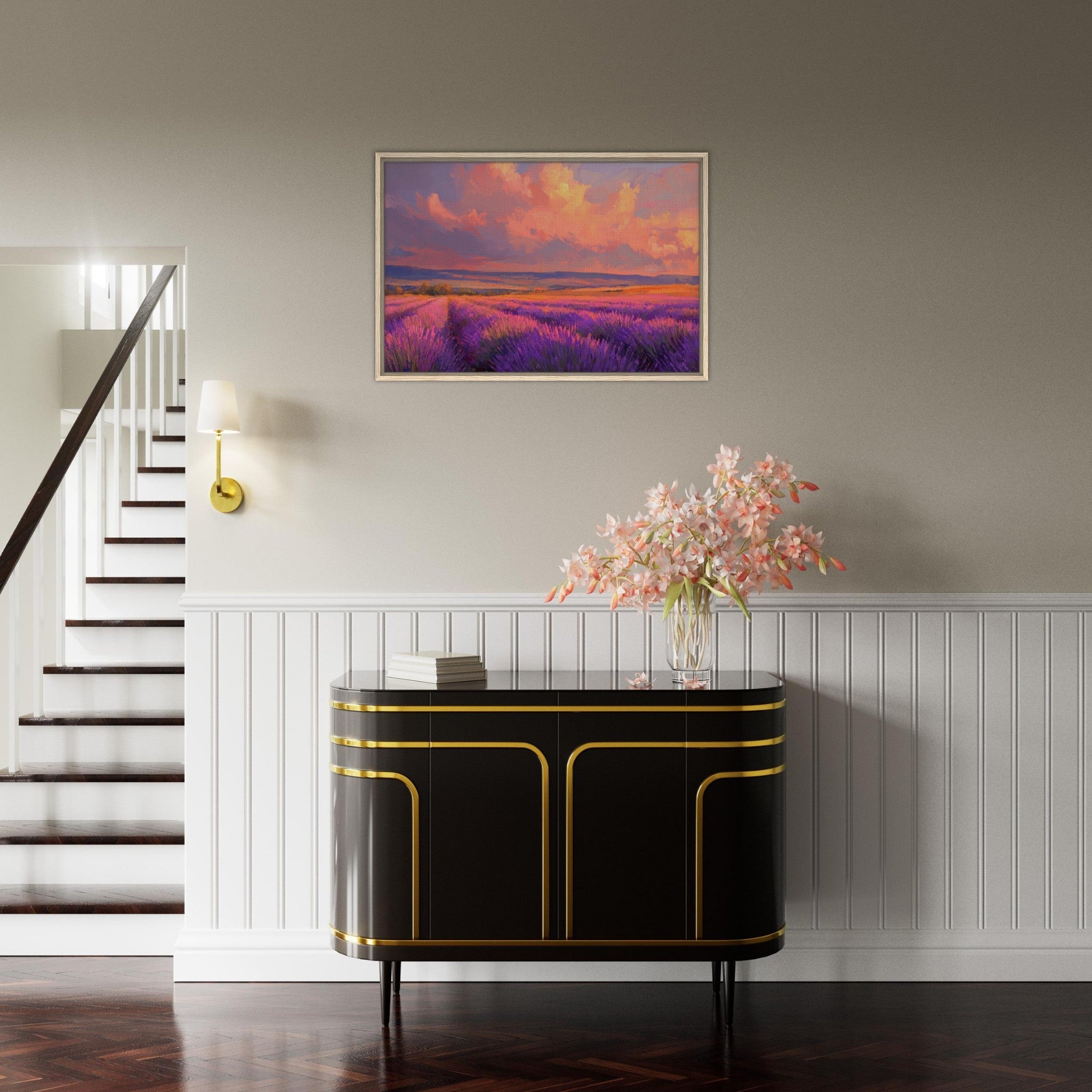 Framed Canvas Landscape - Rolling lavender fields under a pink - hued sunset - Shop Ai Art WebShop - Digital Art online Store