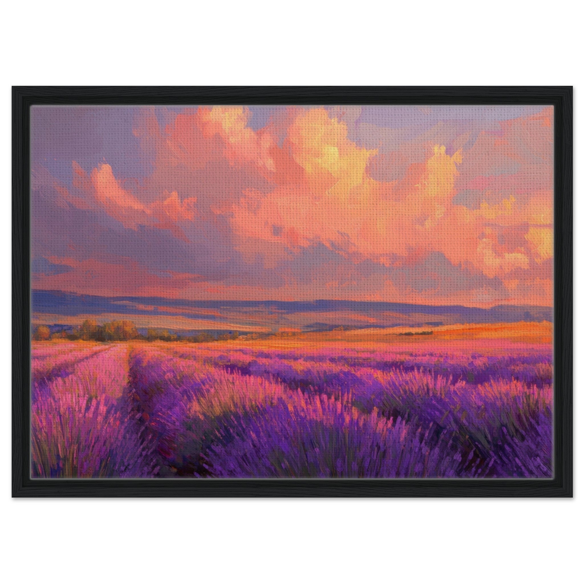 Framed Canvas Landscape - Rolling lavender fields under a pink - hued sunset - Shop Ai Art WebShop - Digital Art online Store
