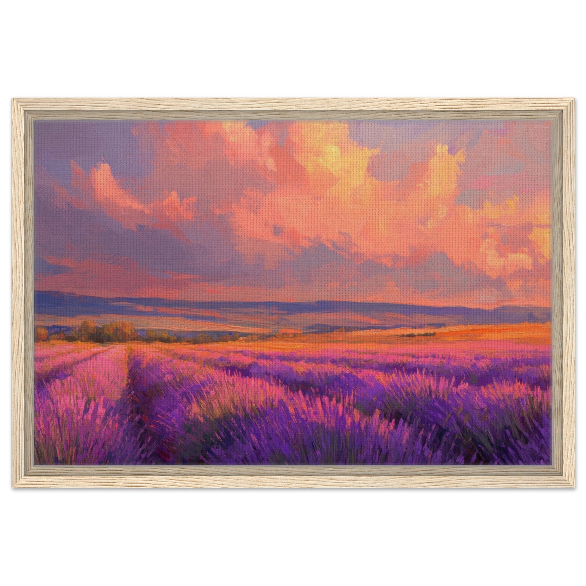 Framed Canvas Landscape - Rolling lavender fields under a pink - hued sunset - Shop Ai Art WebShop - Digital Art online Store