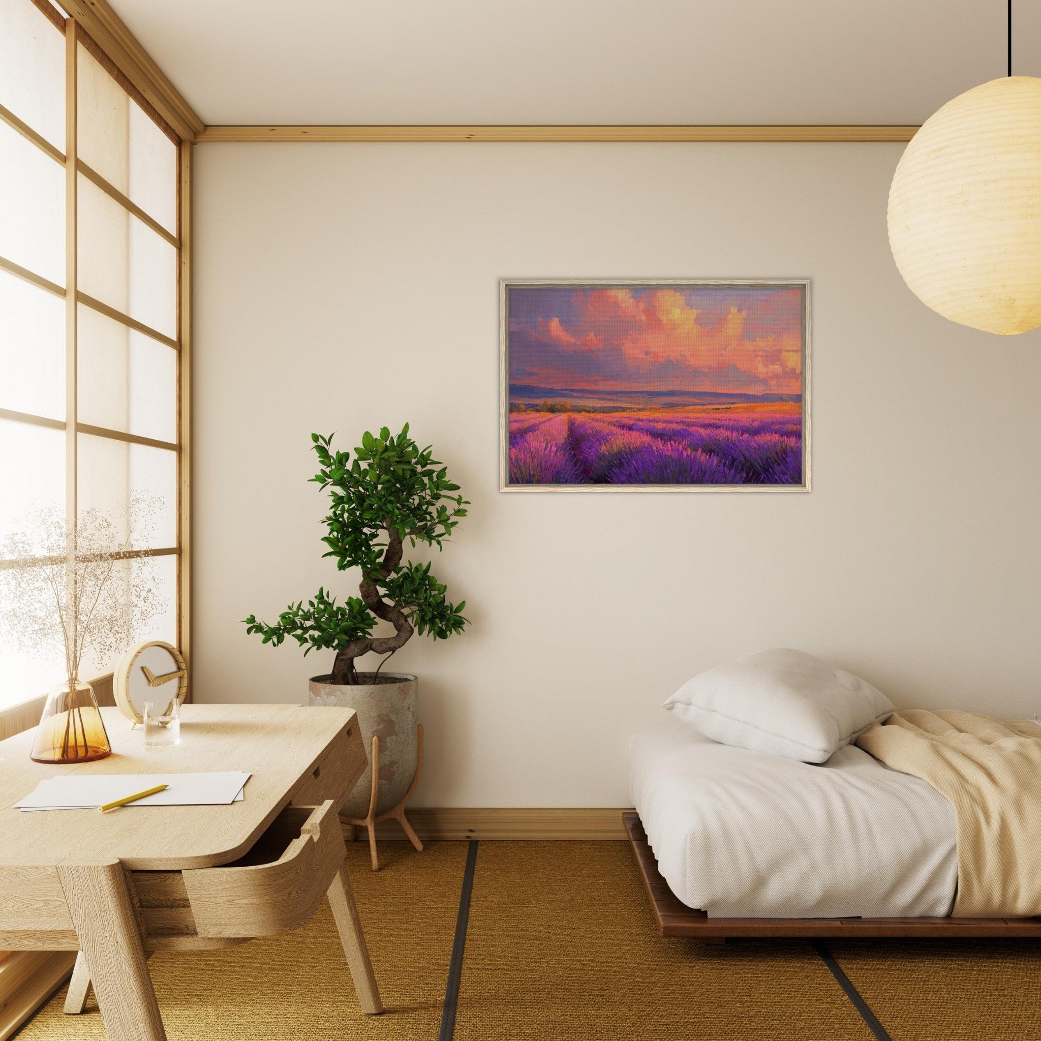 Framed Canvas Landscape - Rolling lavender fields under a pink - hued sunset - Shop Ai Art WebShop - Digital Art online Store